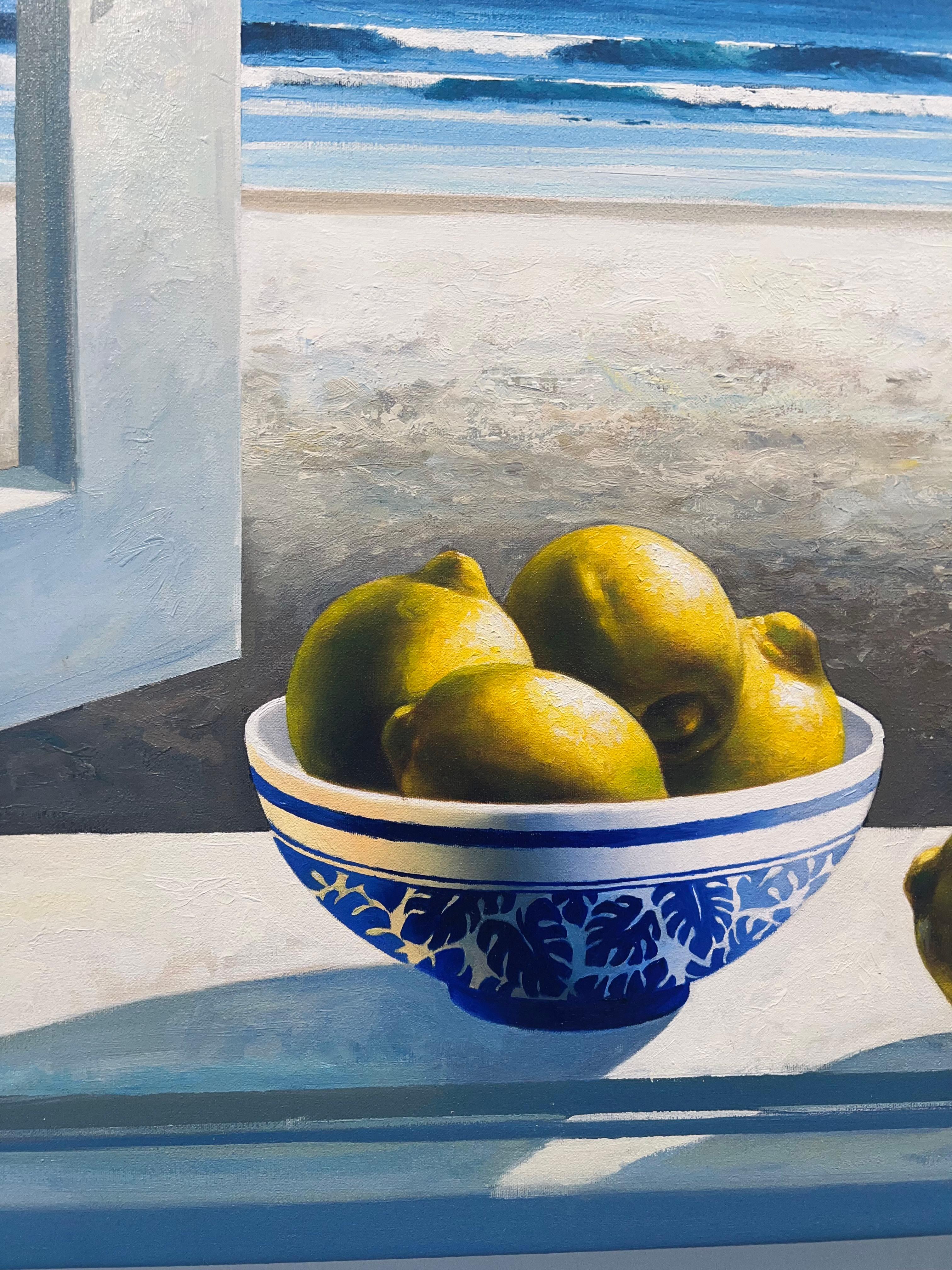 Window with Lemons - original surreal realism seascape oil painting- still life - Gray Abstract Painting by Luis Fuentes