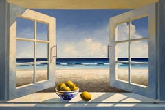 Window with Lemons - original surreal realism seascape oil painting- still life