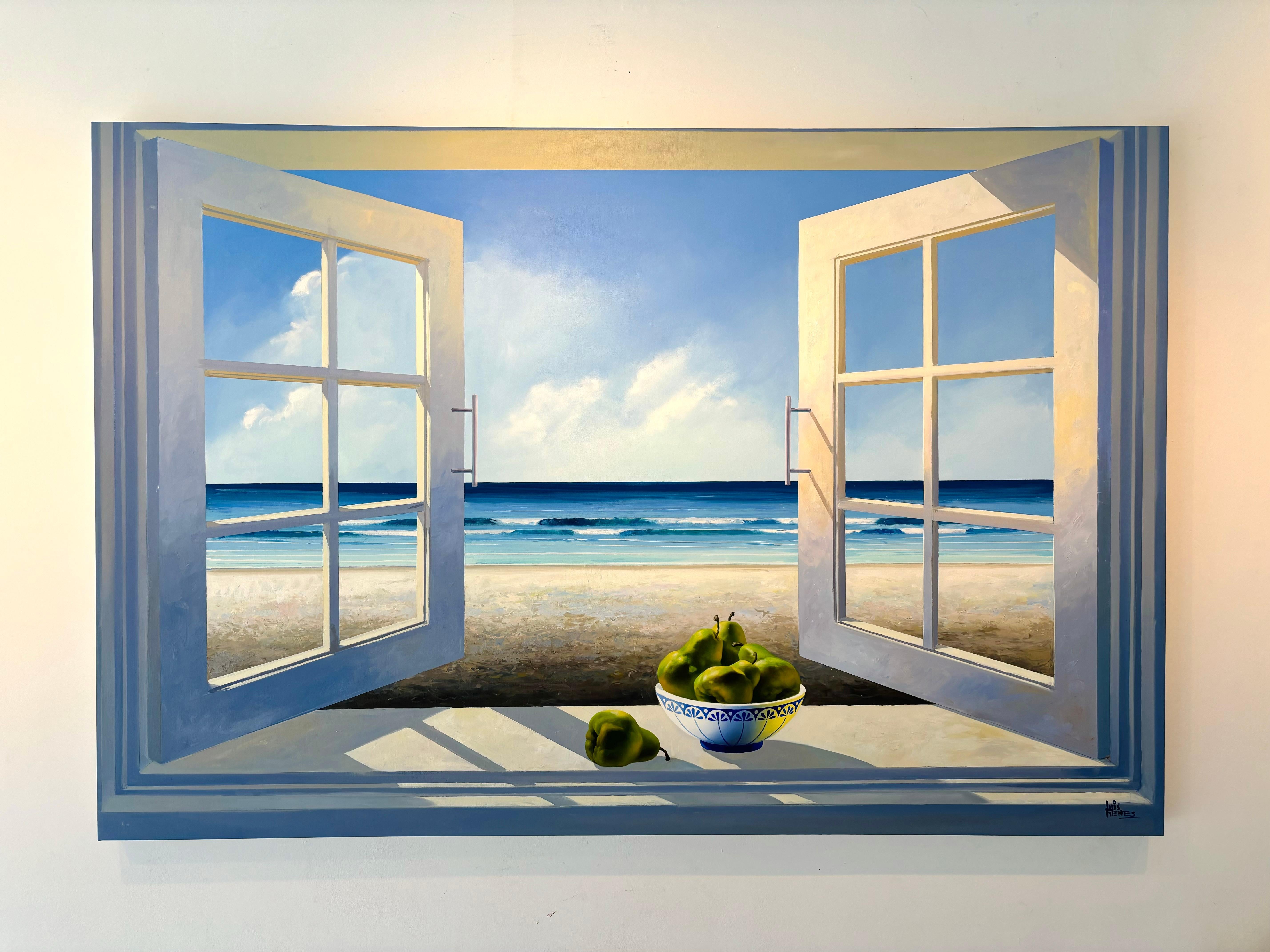 Finestra con pere - pittura ad olio originale surreale e realistica - natura morta - Painting di Luis Fuentes
