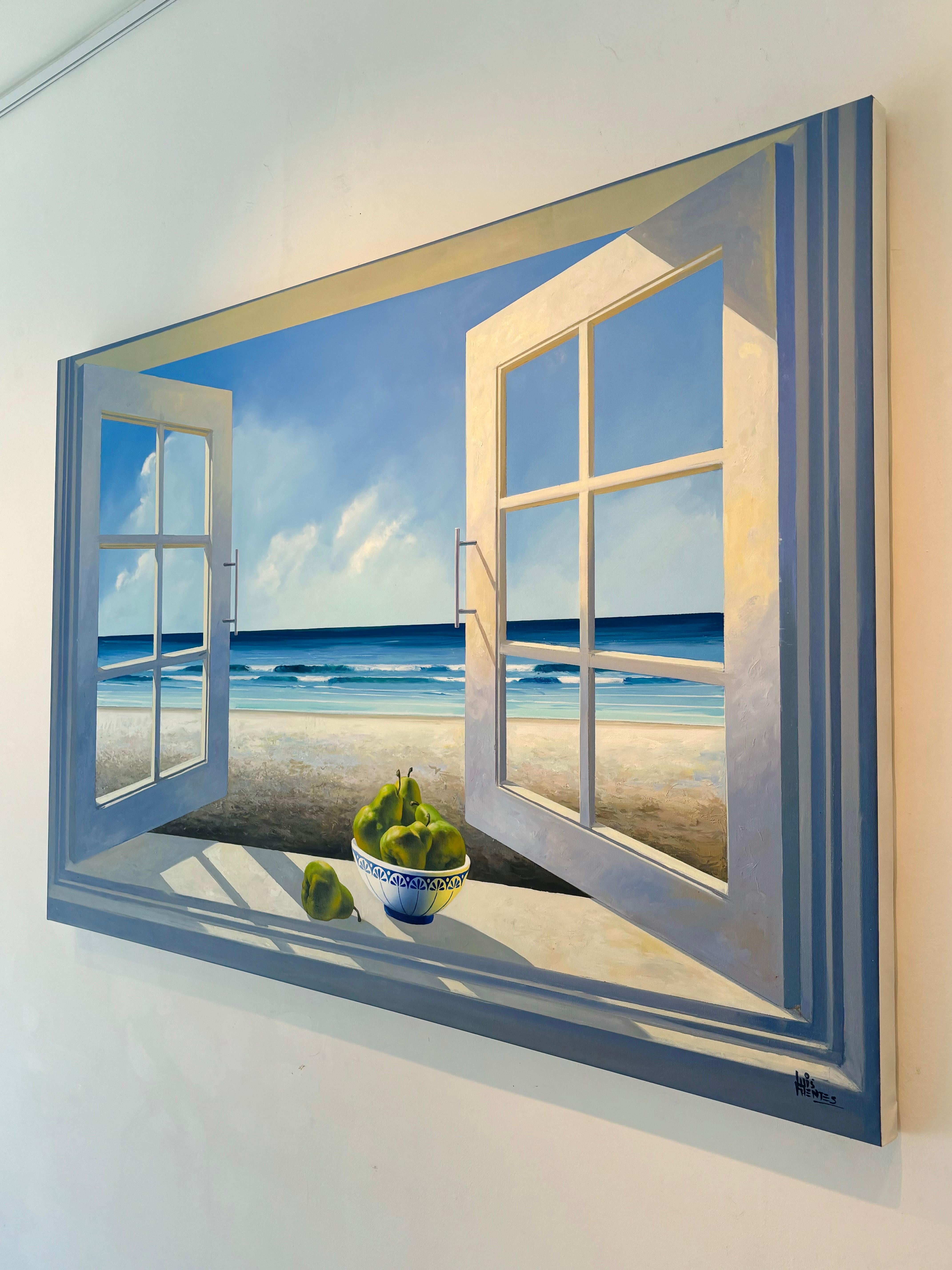 Finestra con pere - pittura ad olio originale surreale e realistica - natura morta - Painting Espressionismo astratto di Luis Fuentes