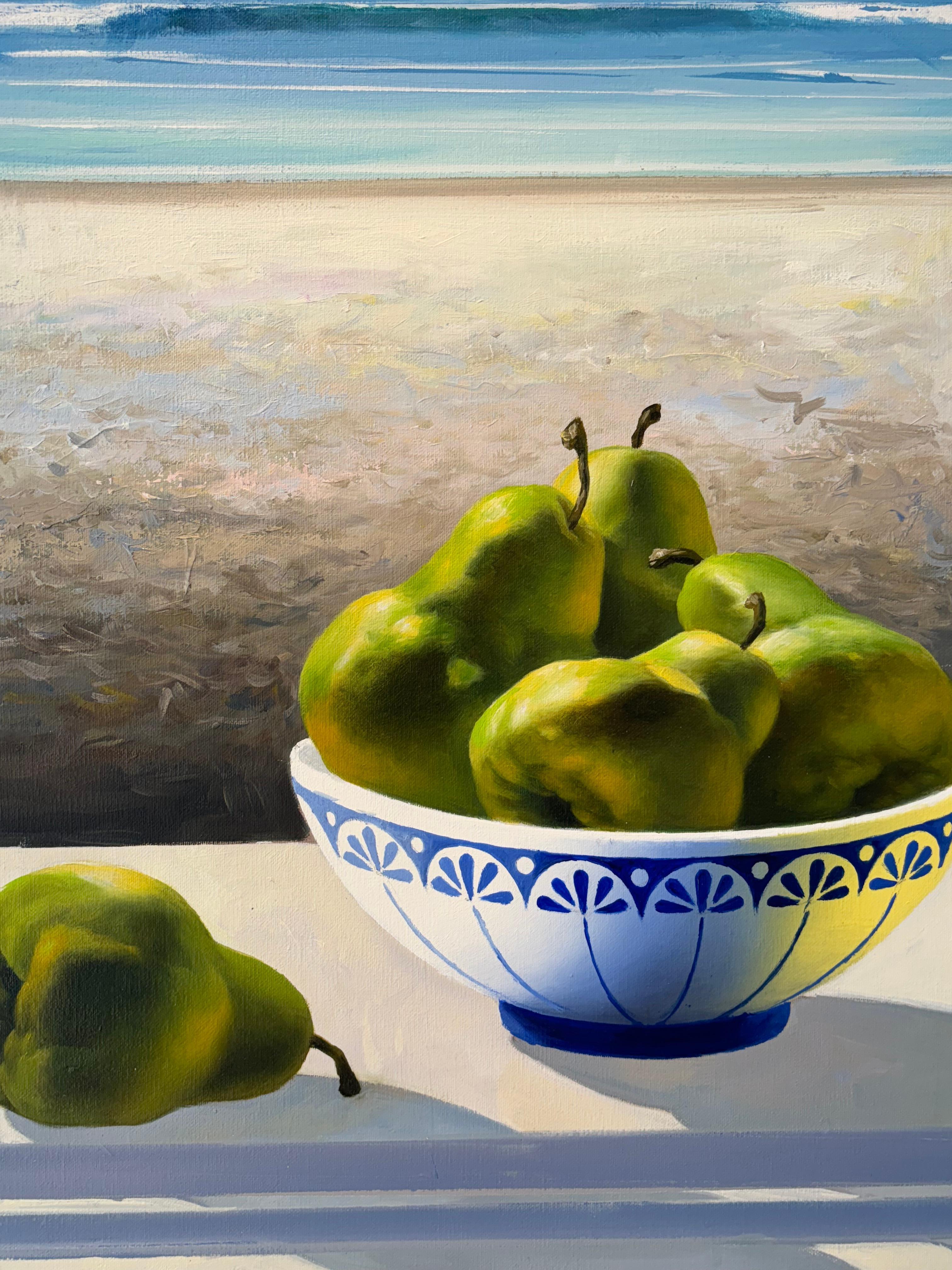 Finestra con pere - pittura ad olio originale surreale e realistica - natura morta - Landscape Painting Grigio di Luis Fuentes