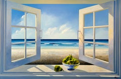 Finestra con pere - pittura ad olio originale surreale e realistica - natura morta
