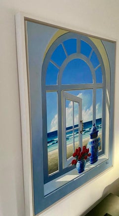 Window with Tulips - original surreal realism seascape floral oil painting