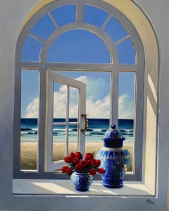 Luis Fuentes - Finestra con tulipani - pittura ad olio floreale originale del realismo surreale del paesaggio marino Finestra con tulipani - pittura ad olio floreale originale del realismo surreale del paesaggio marino