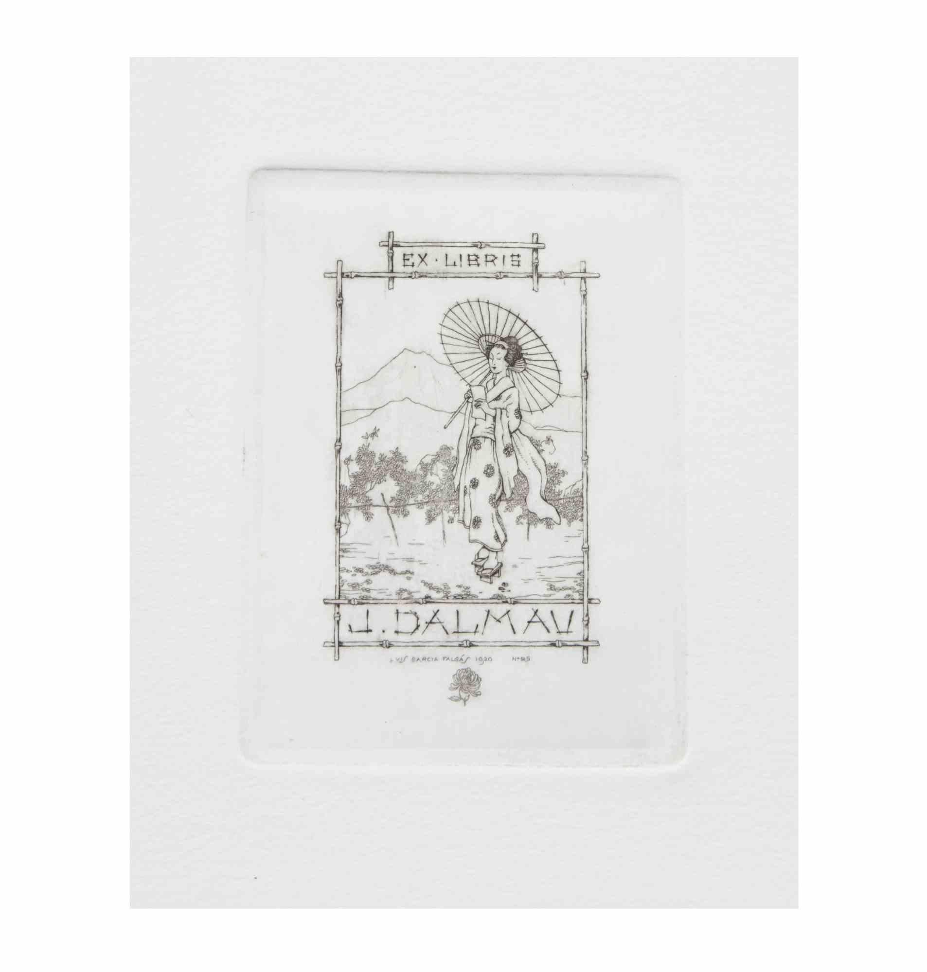 Ex Libris J. Dalmau - Gravure de Luis Garcia Falgàs - Début du 20e siècle en vente 1