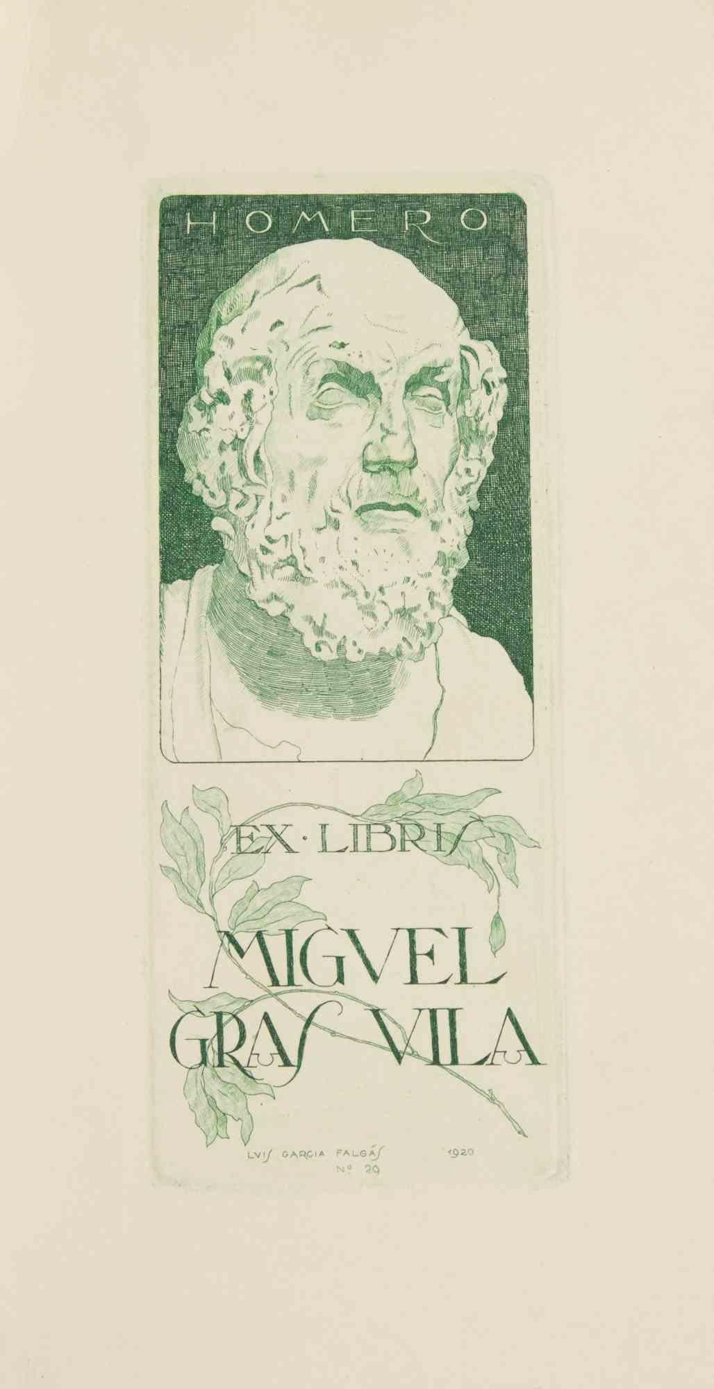 Ex libris Miguel Gras Vila by Luis Garcia Falgàs - Early 20th Century For Sale 1