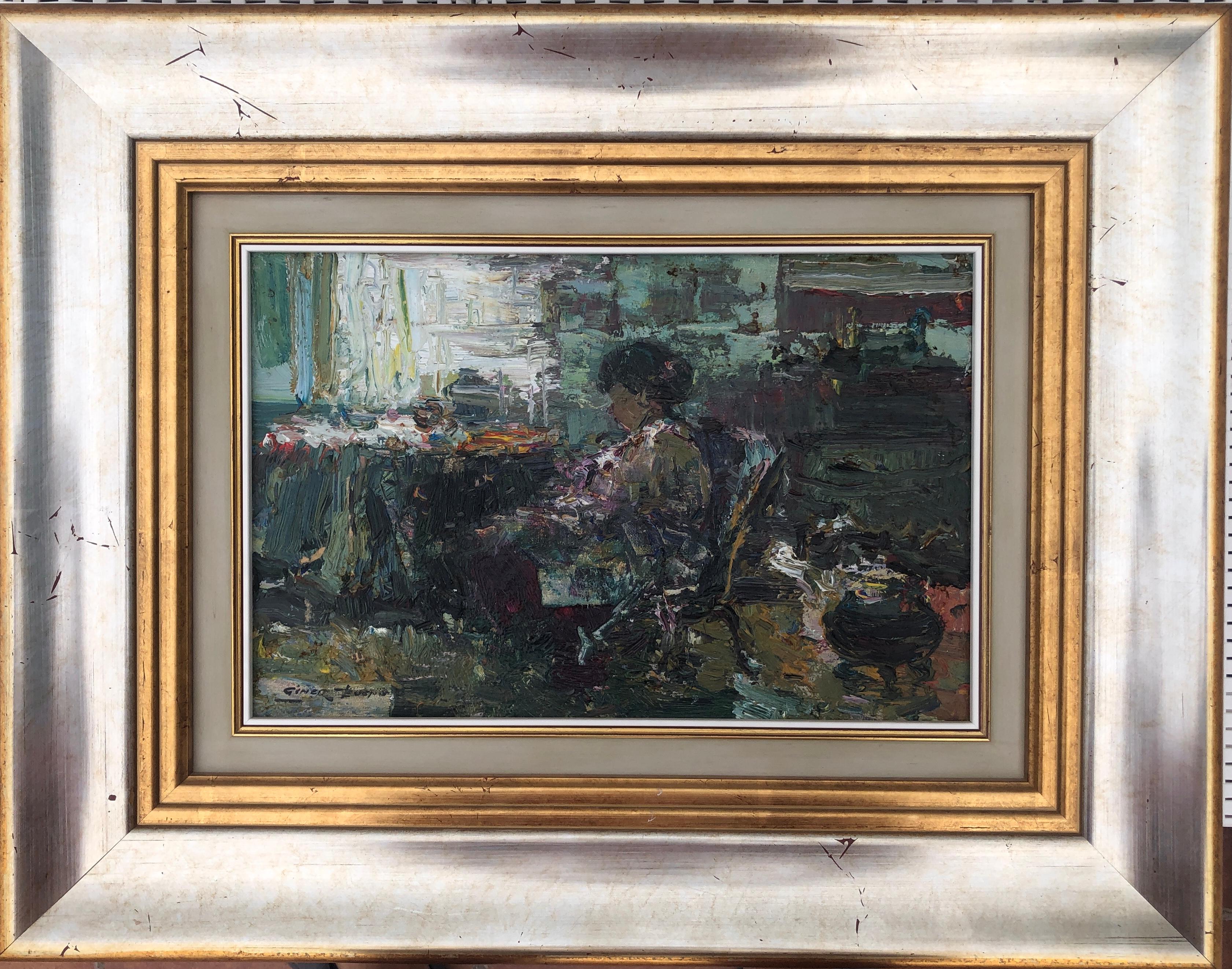 Interior with woman oil on canvas painting - Painting by Luis Giner Bueno