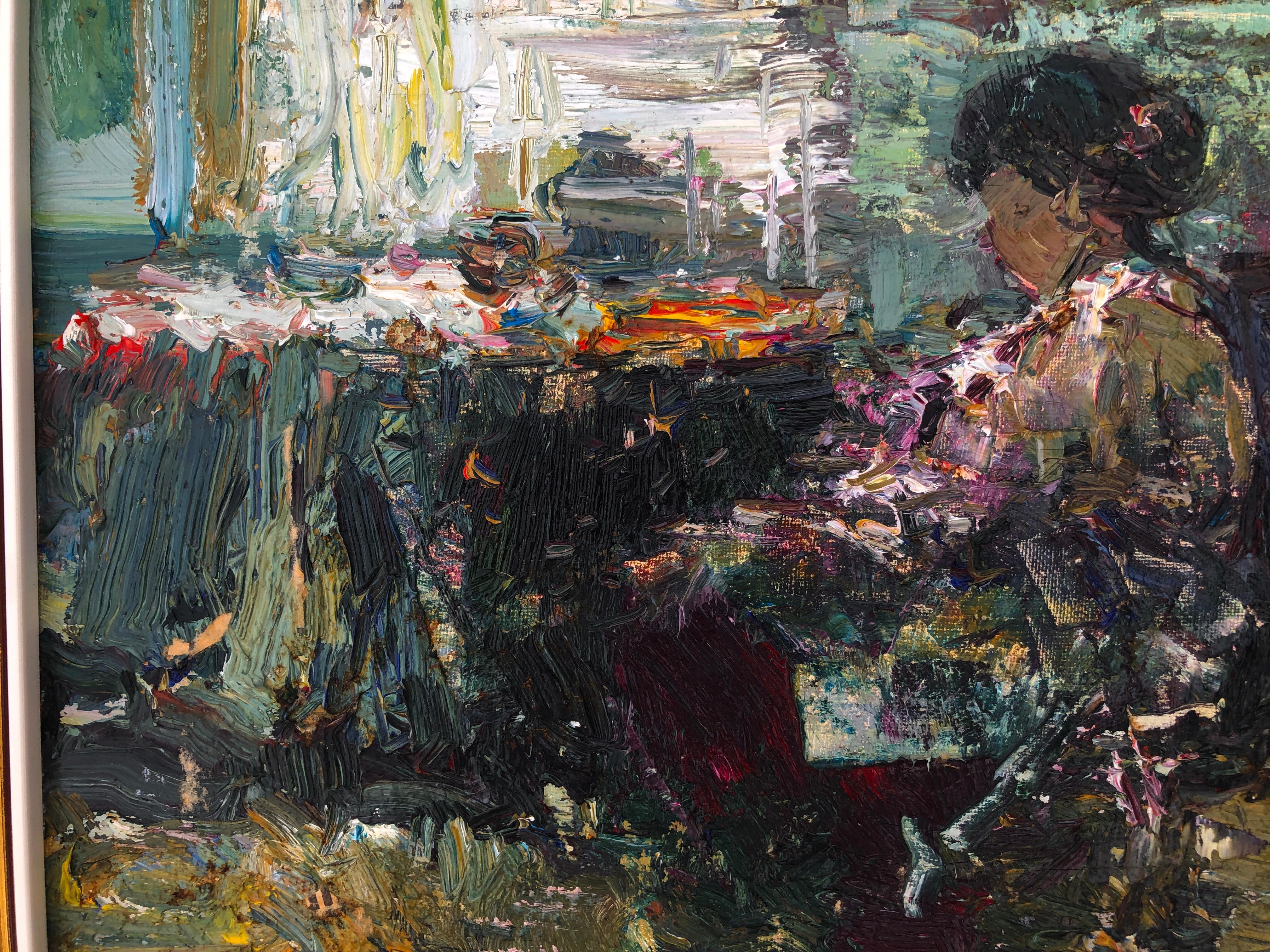 Interior with woman oil on canvas painting - Black Interior Painting by Luis Giner Bueno