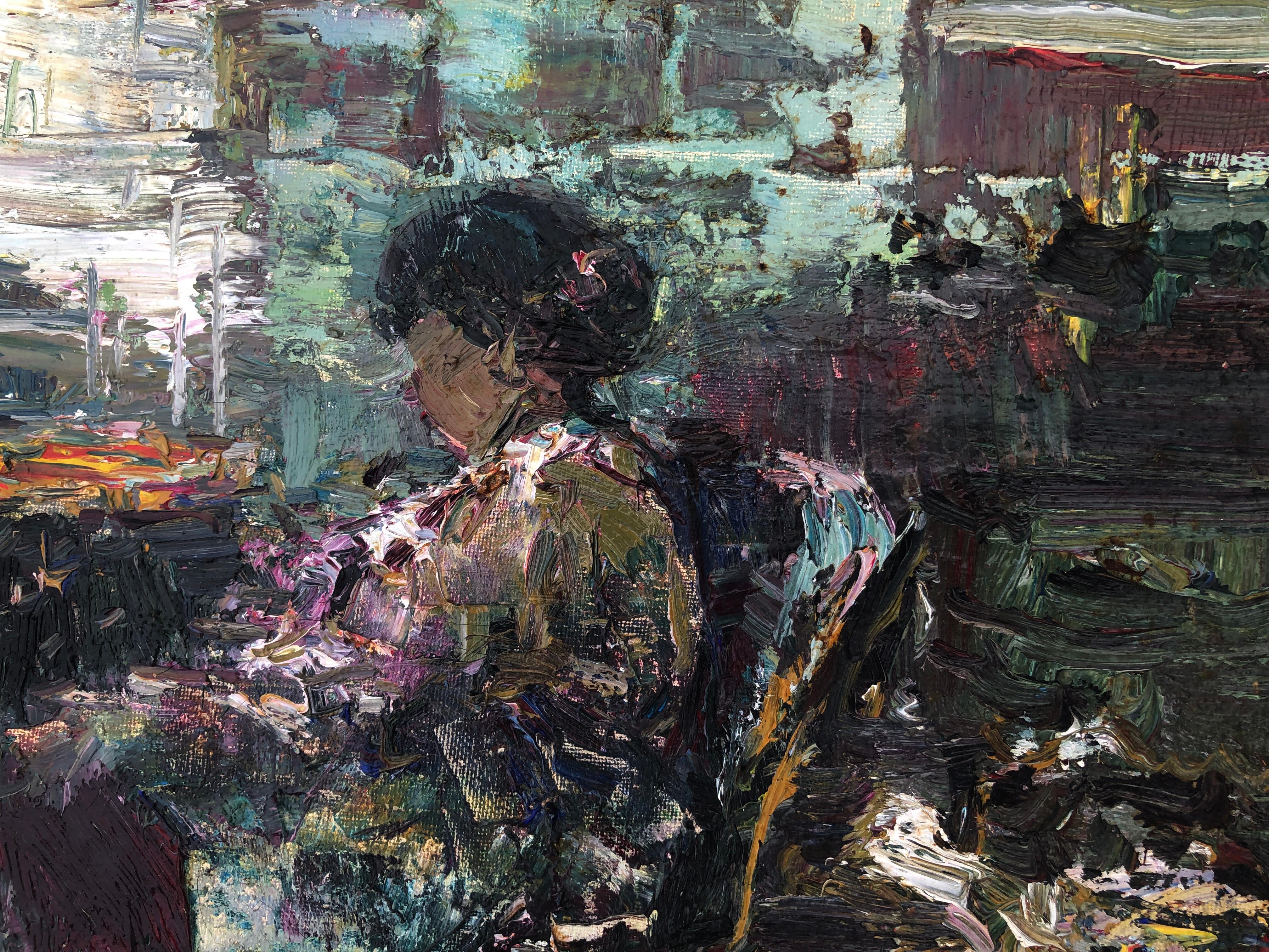 Interior with woman oil on canvas painting For Sale 2