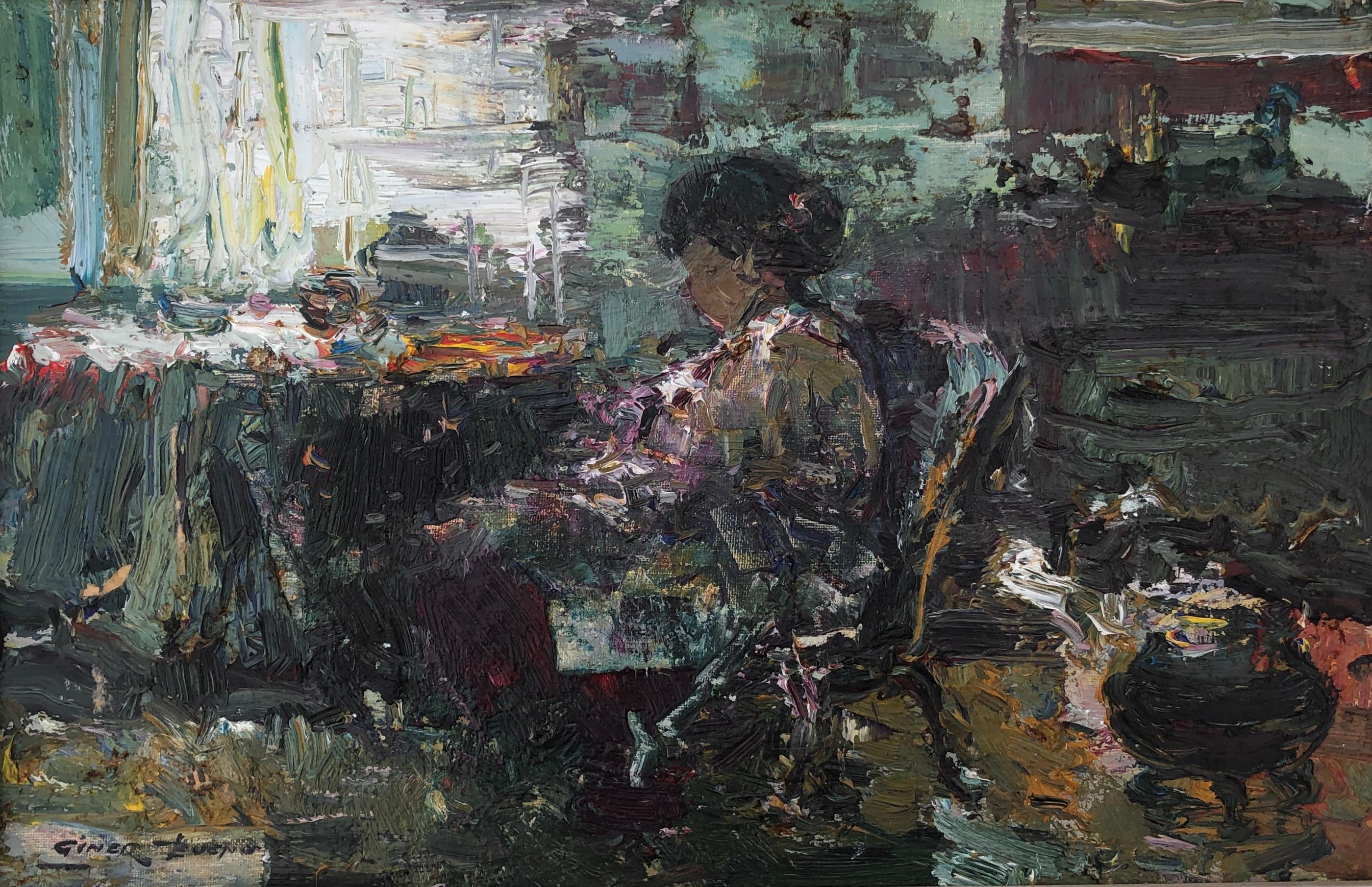 Interior con mujer óleo sobre lienzo