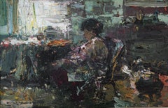Intérieur avec femme huile sur toile