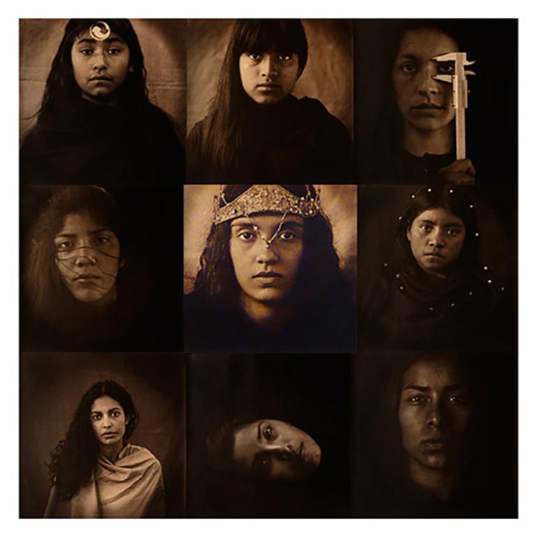 Luis Gonzalez Palma Portrait Photograph - "Escena 10, Loteria 3" figurative portraits grid sepia tone