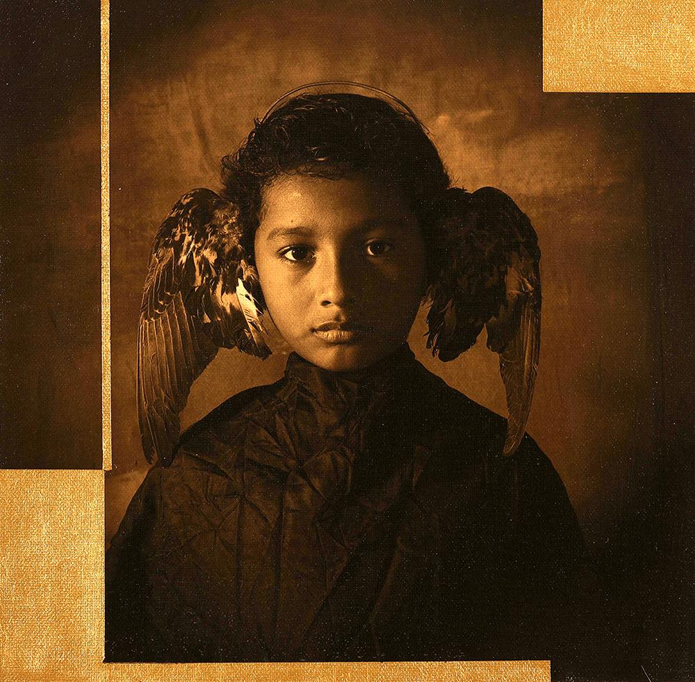 Luis Gonzalez Palma Portrait Photograph - "Mobius (Joven Alado)" - photograph portrait, boy with wings gold