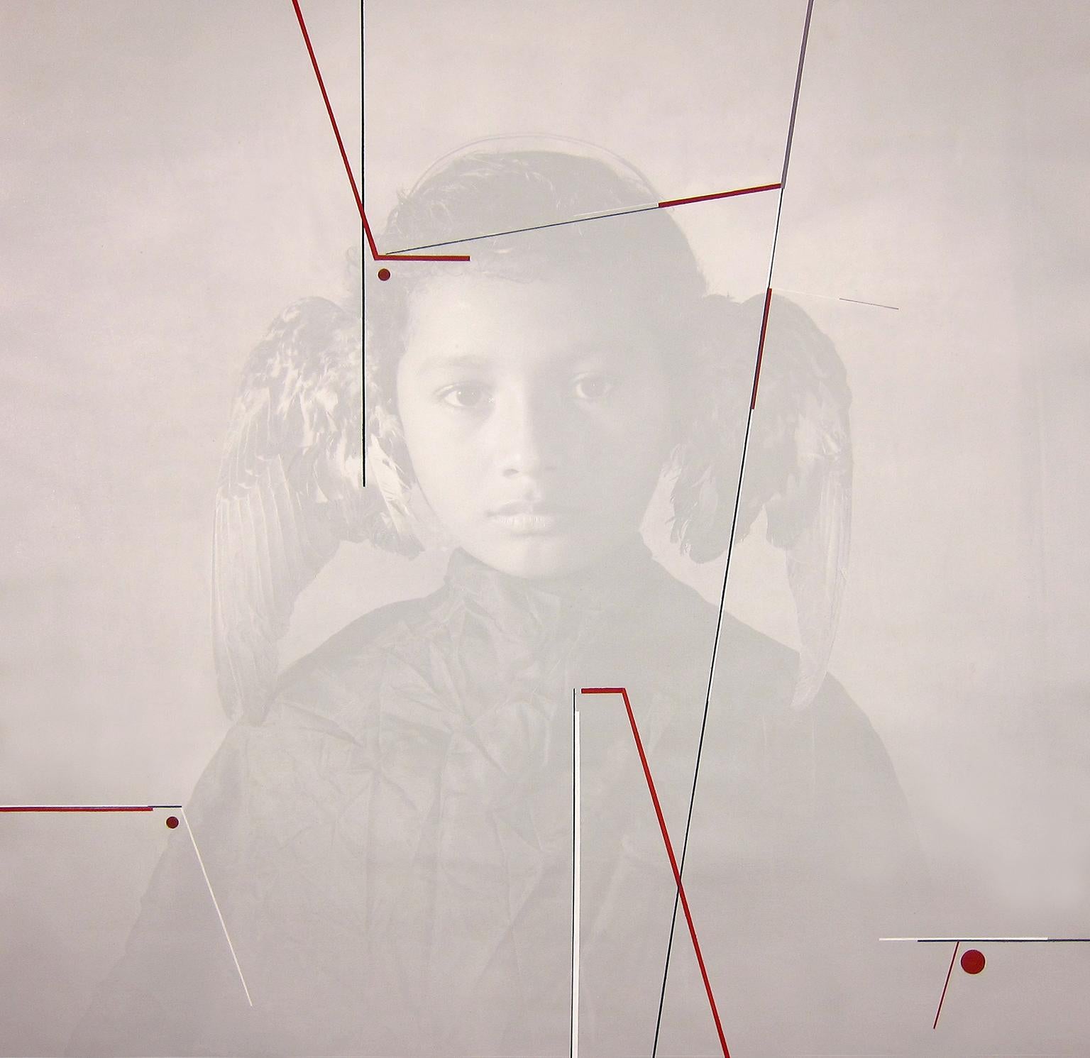 "Mobius - Joven Alado", gray portrait boy with wings photograph acrylic paint
