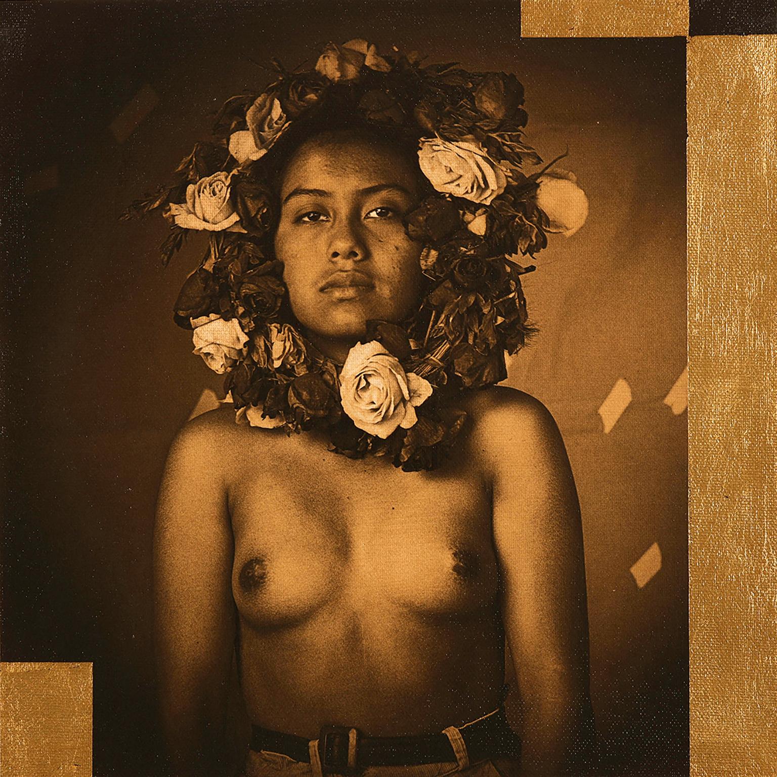 "Mobius (La Rosa)" photograph on canvas, portrait woman with rose wreath