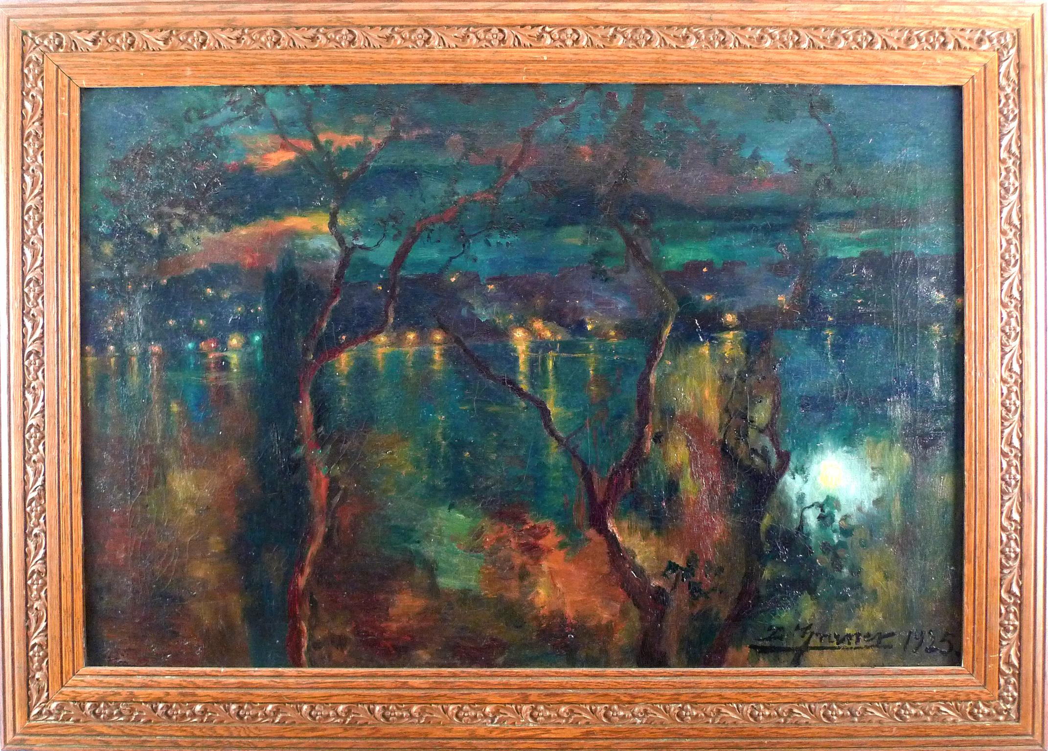 „Moonlit River Scene“, Ölgemälde auf Leinwand von Luis Graner y Arrufi, frühes 20. Jahrhundert  – Painting von Luis Graner Y Arrufi