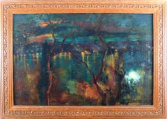 "Moonlit River Scene", Early 20th Century Oil on Canvas by Luis Graner y Arrufi