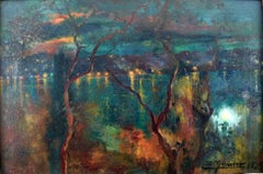 "Escena fluvial a la luz de la luna", Óleo sobre lienzo de principios del siglo XX de Luis Graner Y Arrufi 