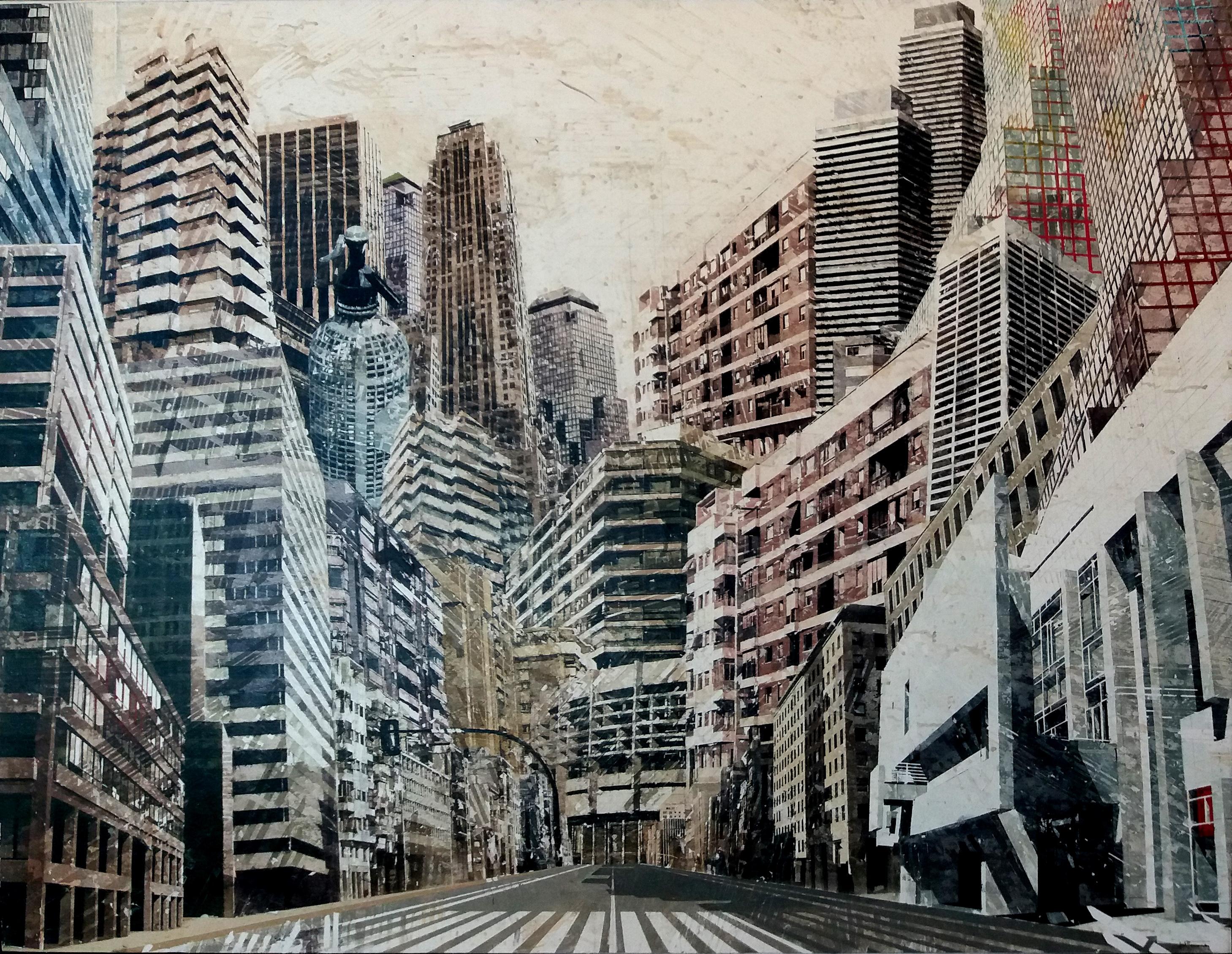 Luis Fernandez 10 Urbania IV. Acryl und Aquarell auf Leinwand geklebt. – Painting von Luis J. Fernandez