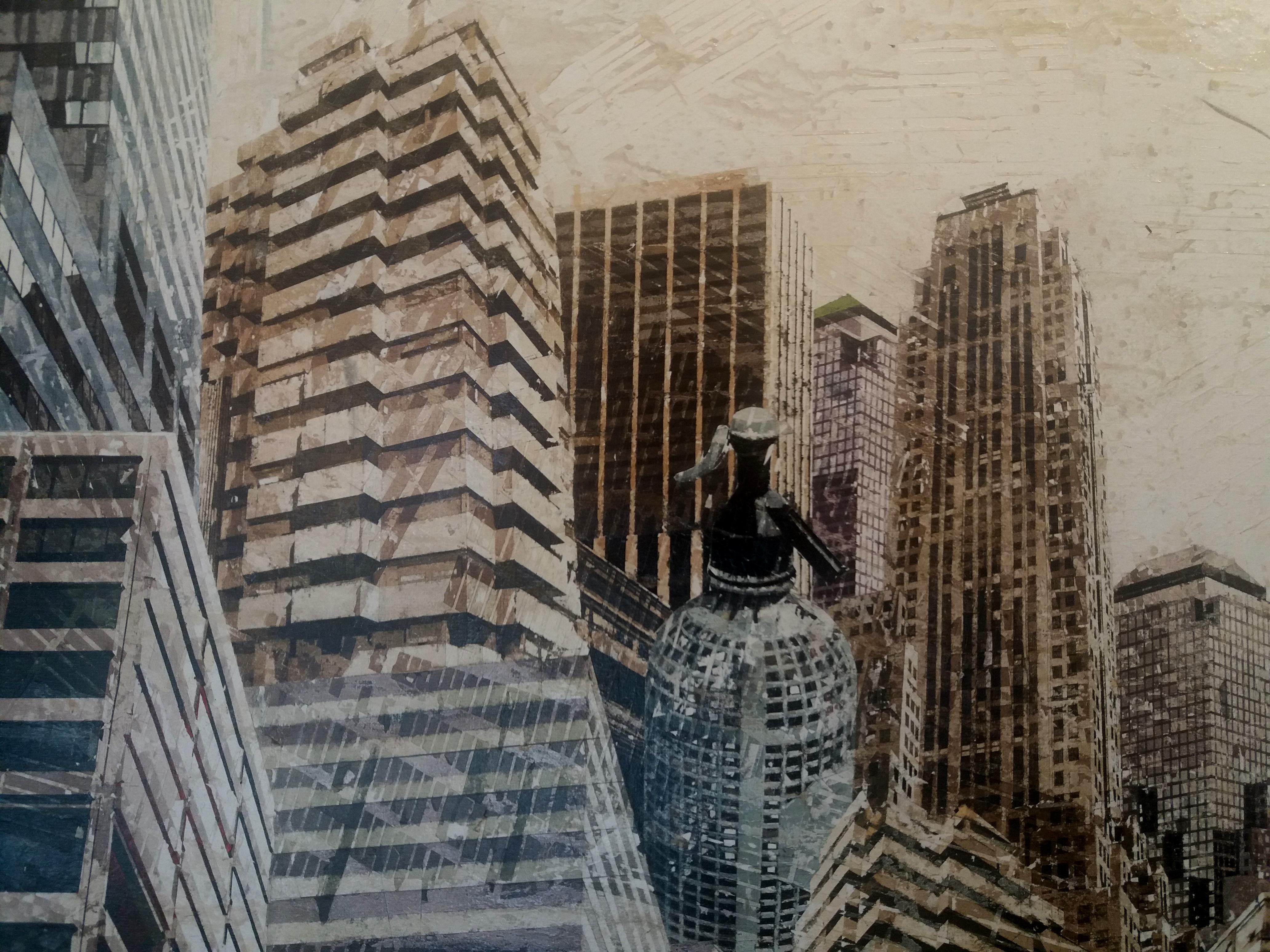 Luis Fernandez  Urbania  IV. acrilico e acquerello incollato su tela. pittura - Figurative Painting Nero di Luis J. Fernandez