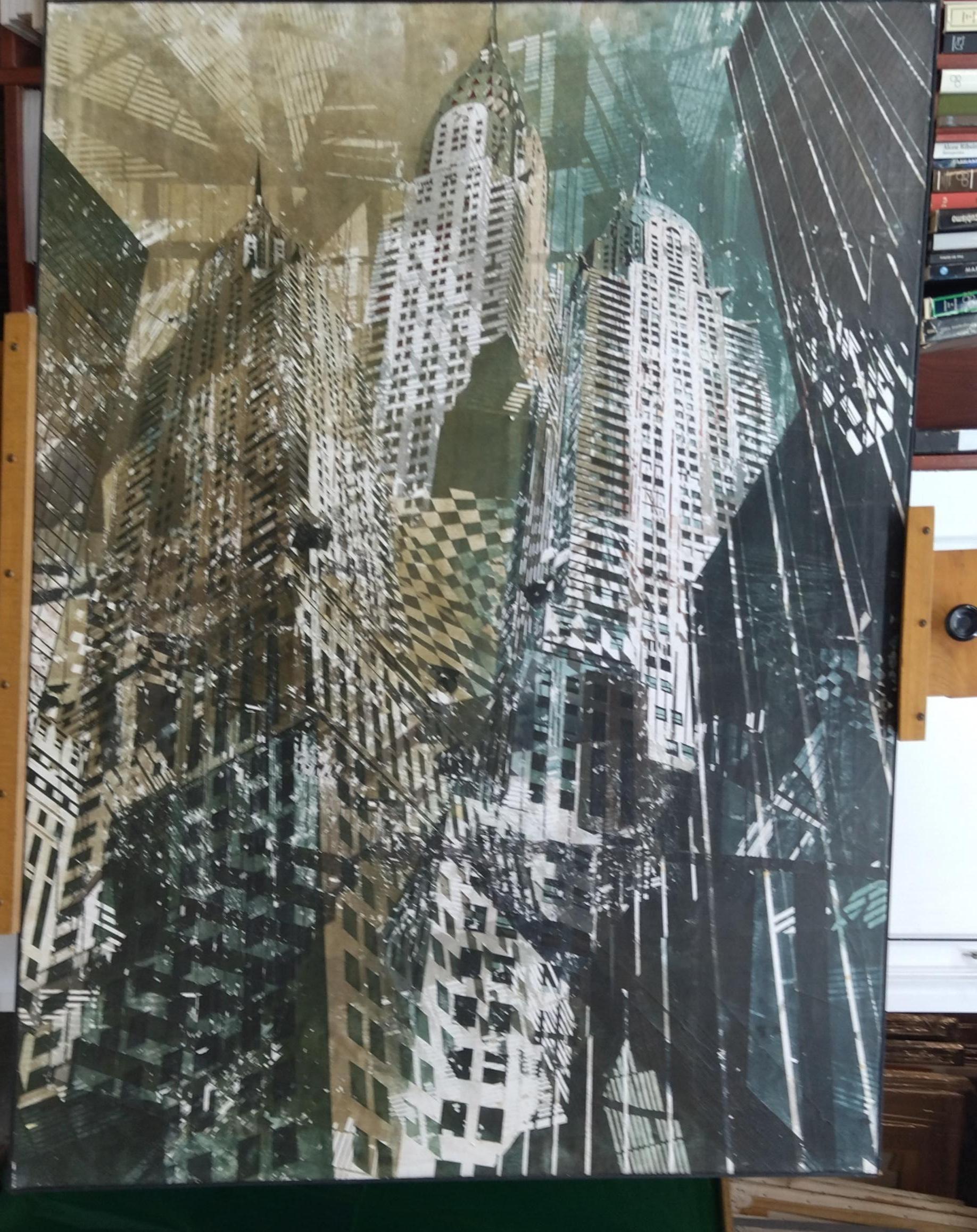 Luis Fernandez  Chrysler Buildings NY acrylic and watercolor glued on canvas.  For Sale 6