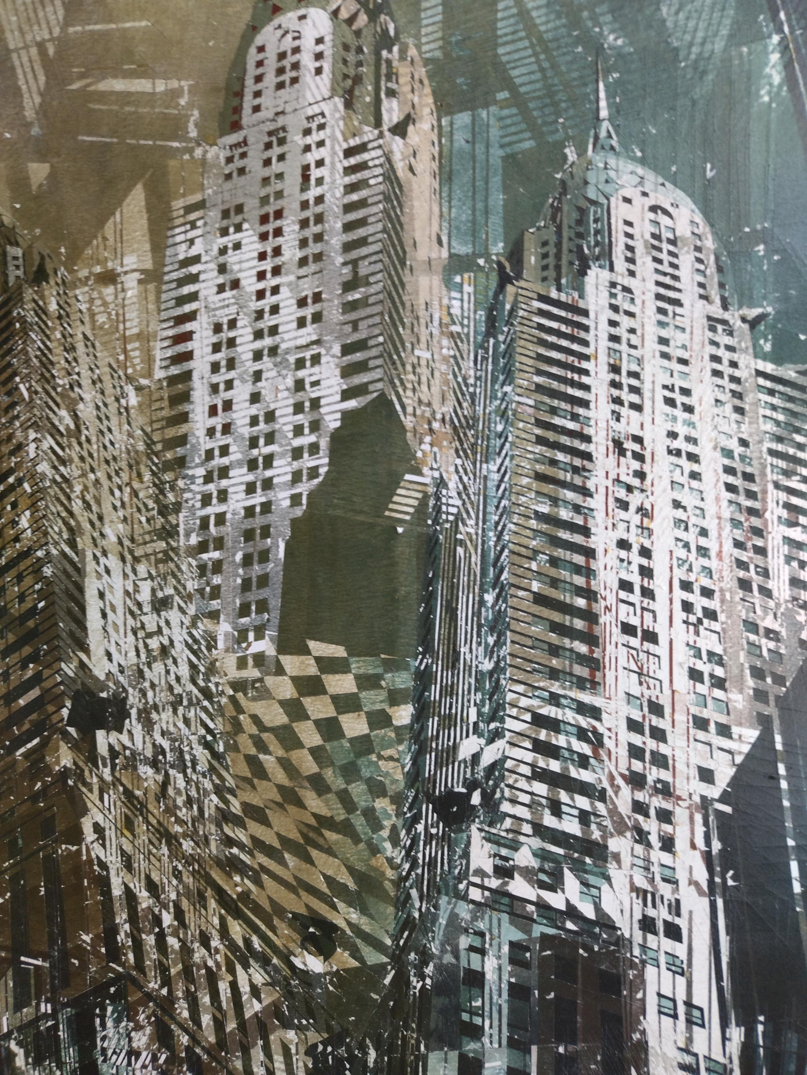 Luis Fernandez  Chrysler Buildings NY acrylic and watercolor glued on canvas.  - Painting by Luis J. Fernandez
