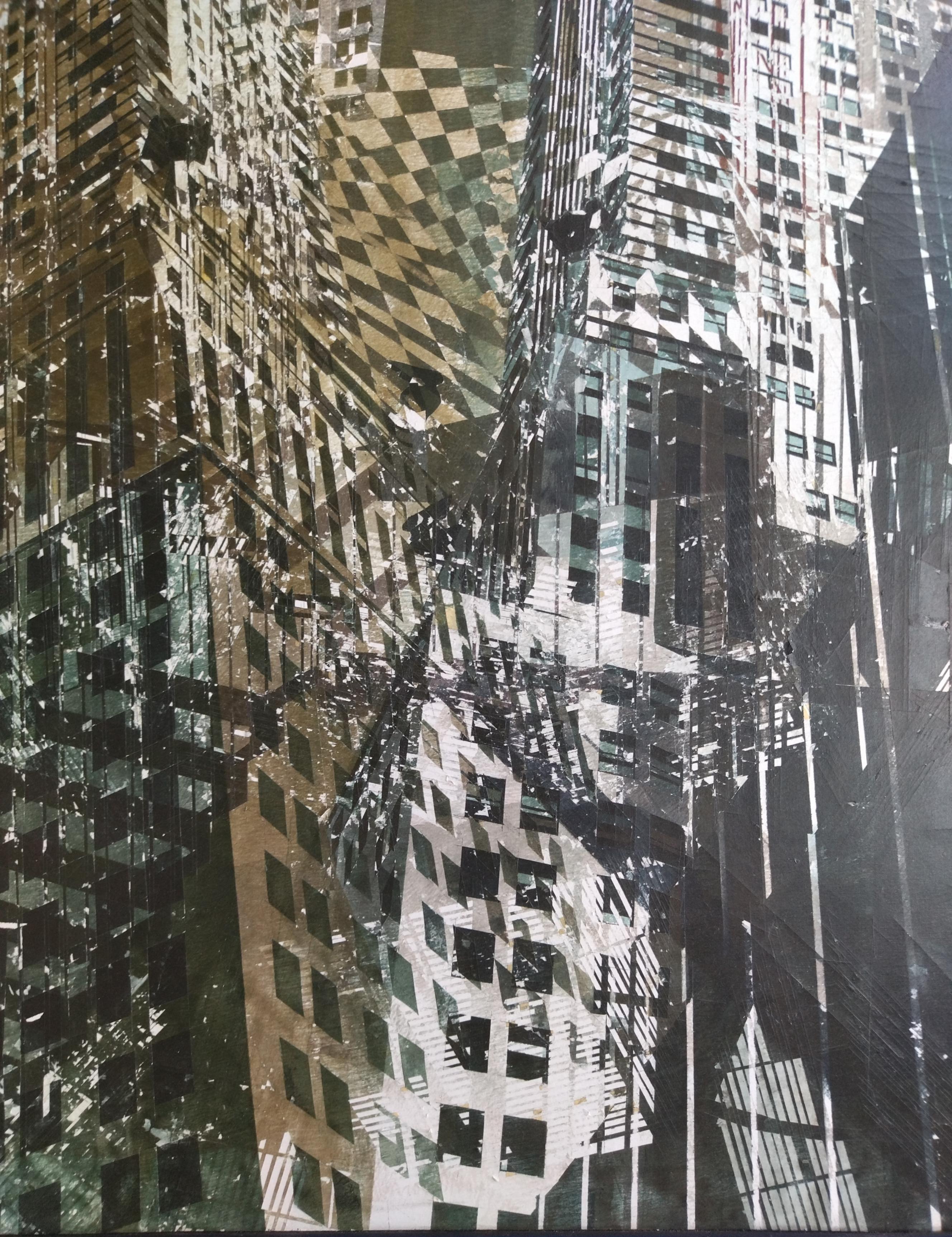 Luis Fernandez  Chrysler Buildings NY acrylic and watercolor glued on canvas. 
Luis J. Fernández was born in Blanca (Murcia) in 1974.
The urban landscapes conceived by this artist break the laws of space and time unifying figuration and
