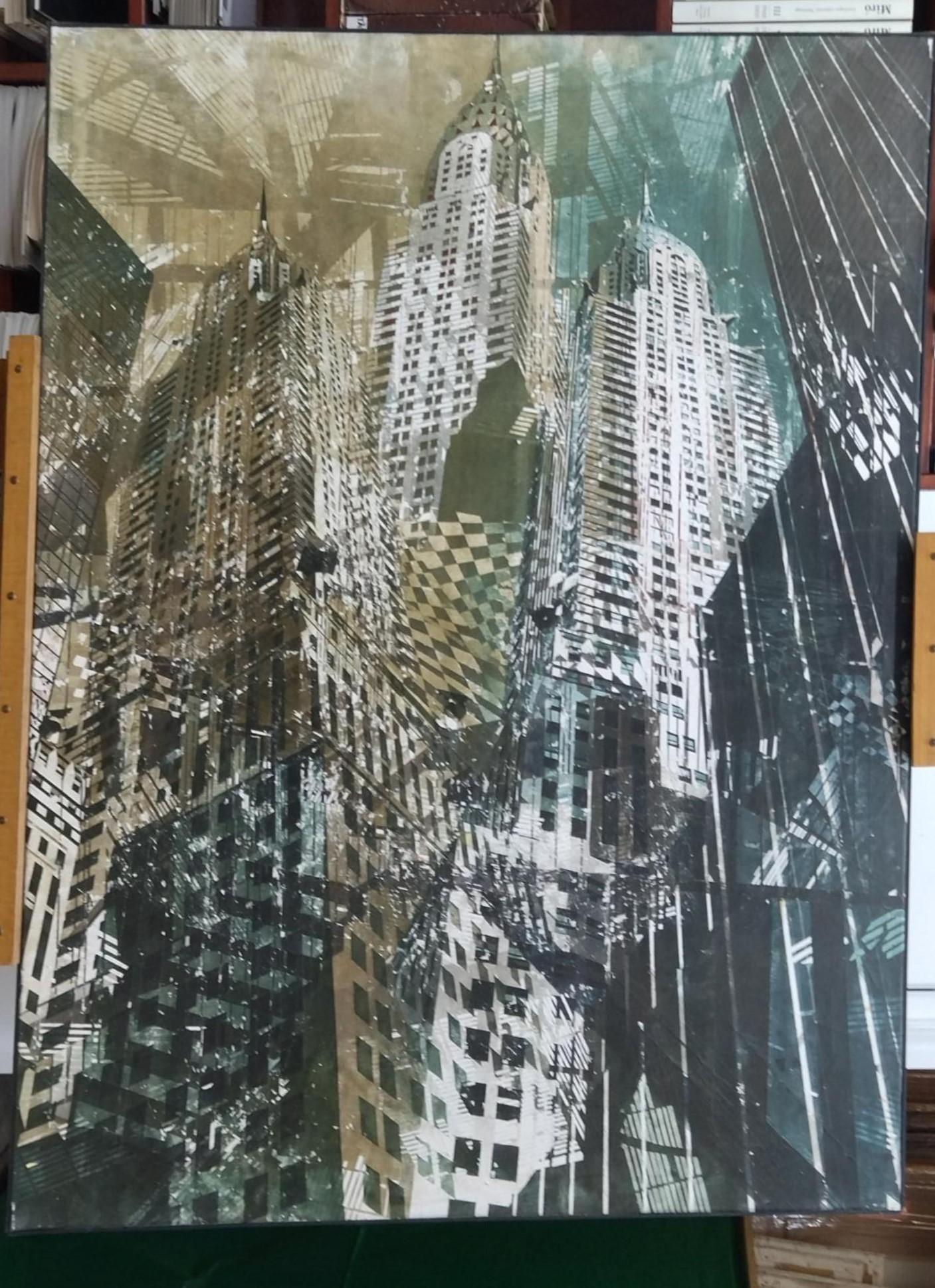 Luis Fernandez  Chrysler Buildings NY acrylic and watercolor glued on canvas.  For Sale 3