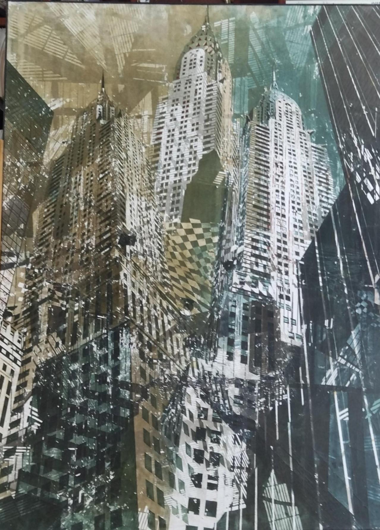 Luis Fernandez  Chrysler Buildings NY acrylic and watercolor glued on canvas.  For Sale 5