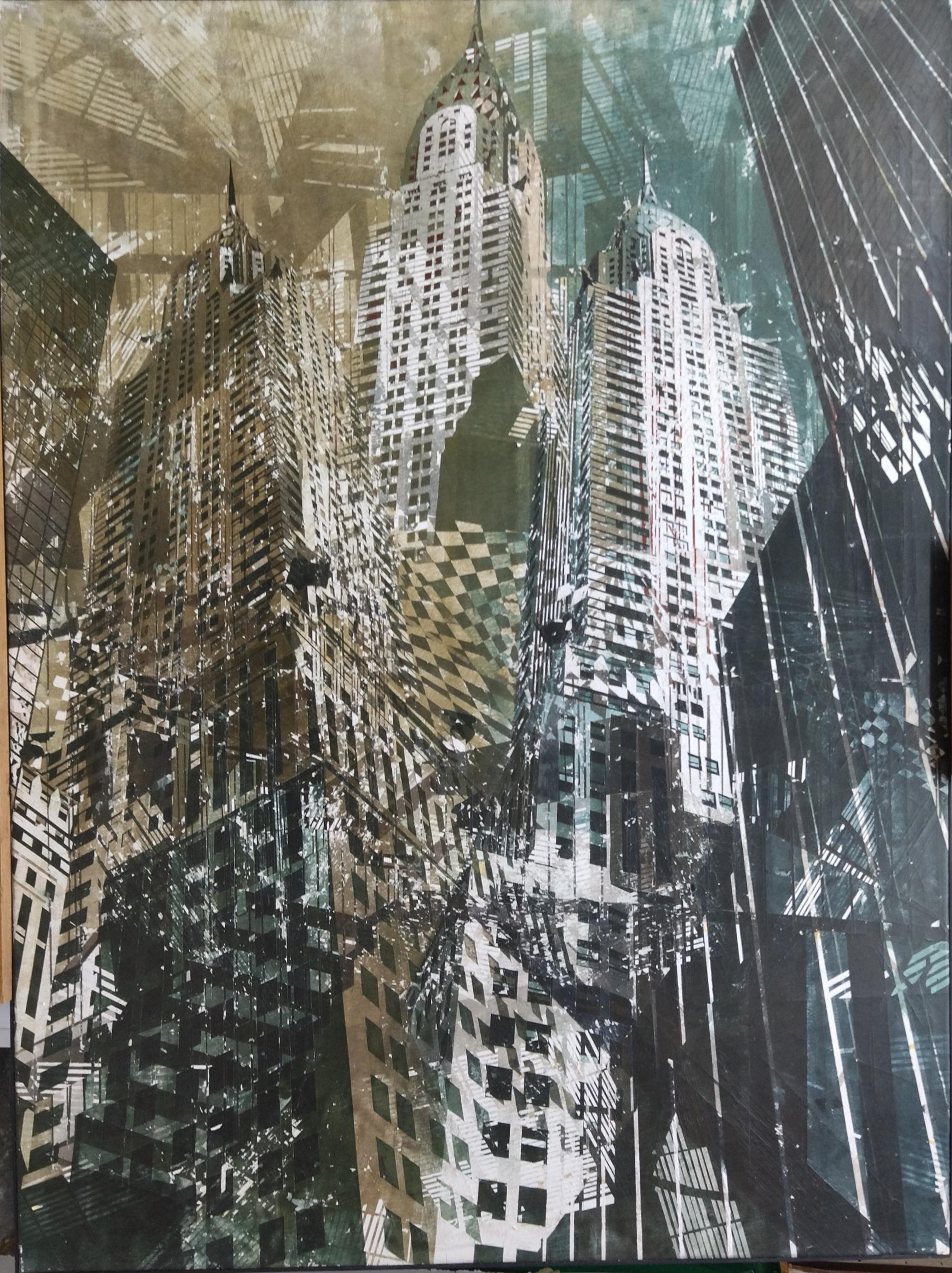 Luis J. Fernandez Landscape Painting - Luis Fernandez  Chrysler Buildings NY acrylic and watercolor glued on canvas. 