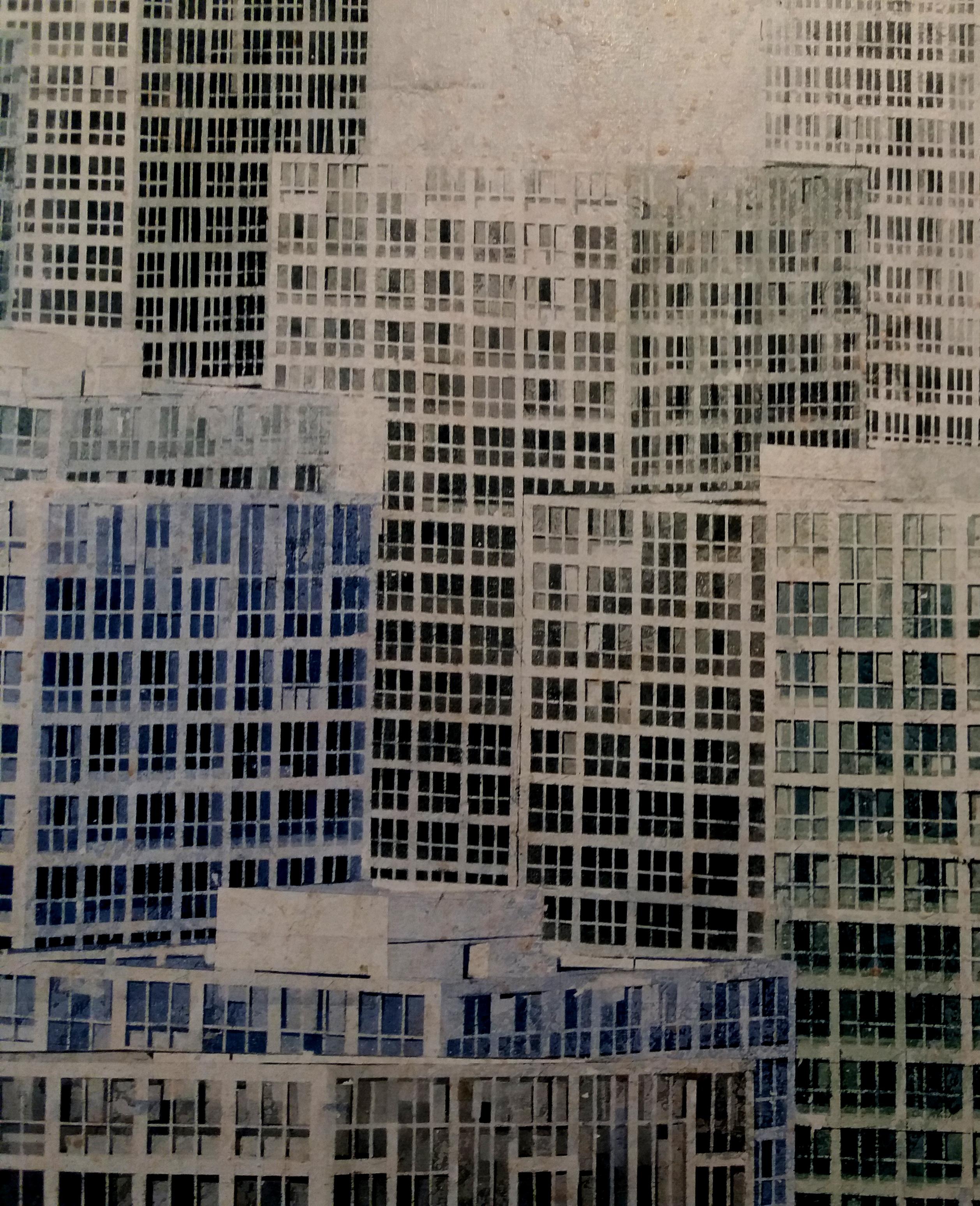 Luis Fernandez  City  Buildings  acrylic and watercolor glued on canvas. - Painting by Luis J. Fernandez