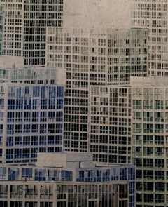 Luis Fernandez  City  Buildings  acrylic and watercolor glued on canvas.