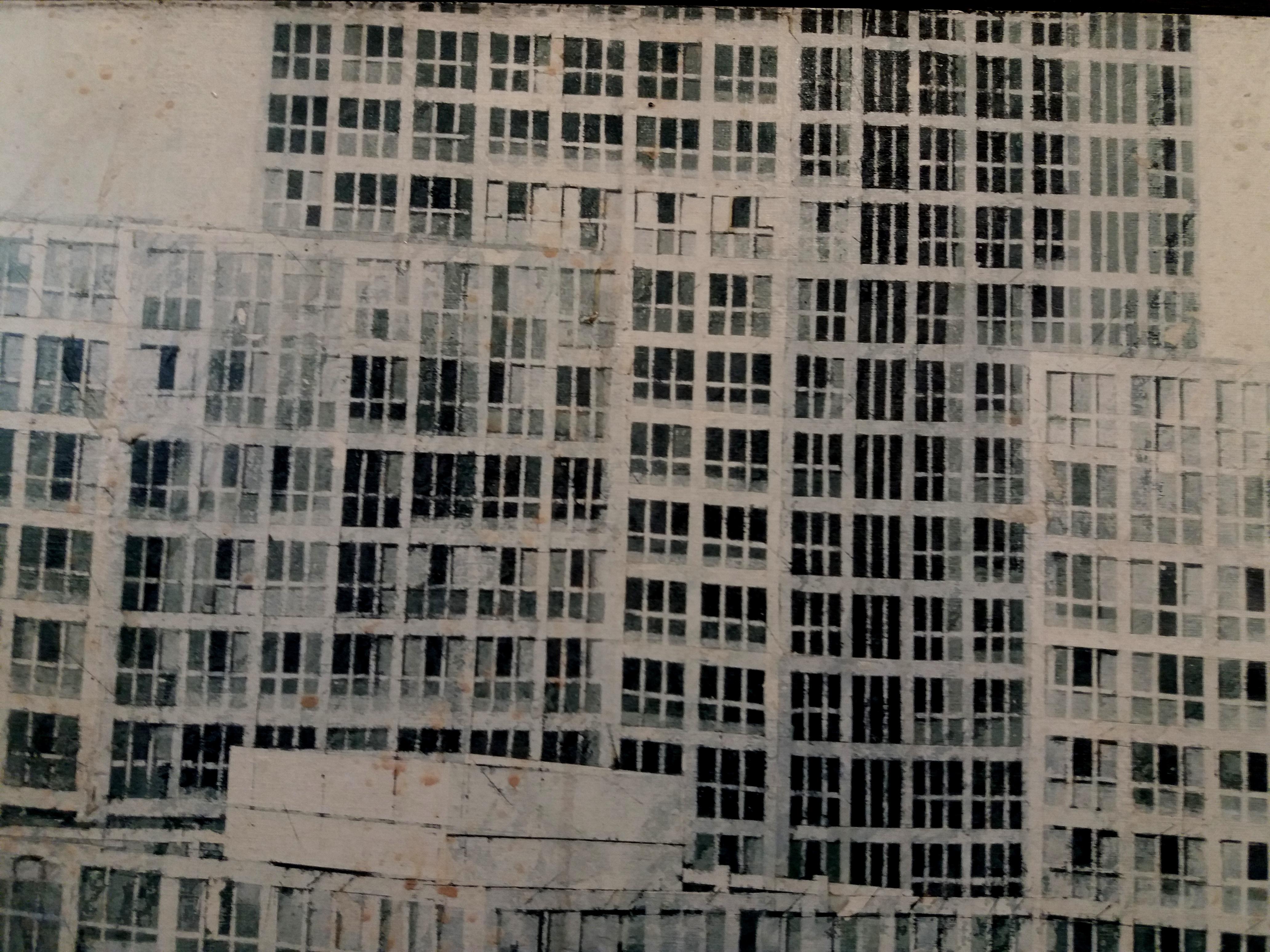 Luis Fernandez  City  Buildings  acrylic and watercolor glued on canvas. - Contemporary Painting by Luis J. Fernandez