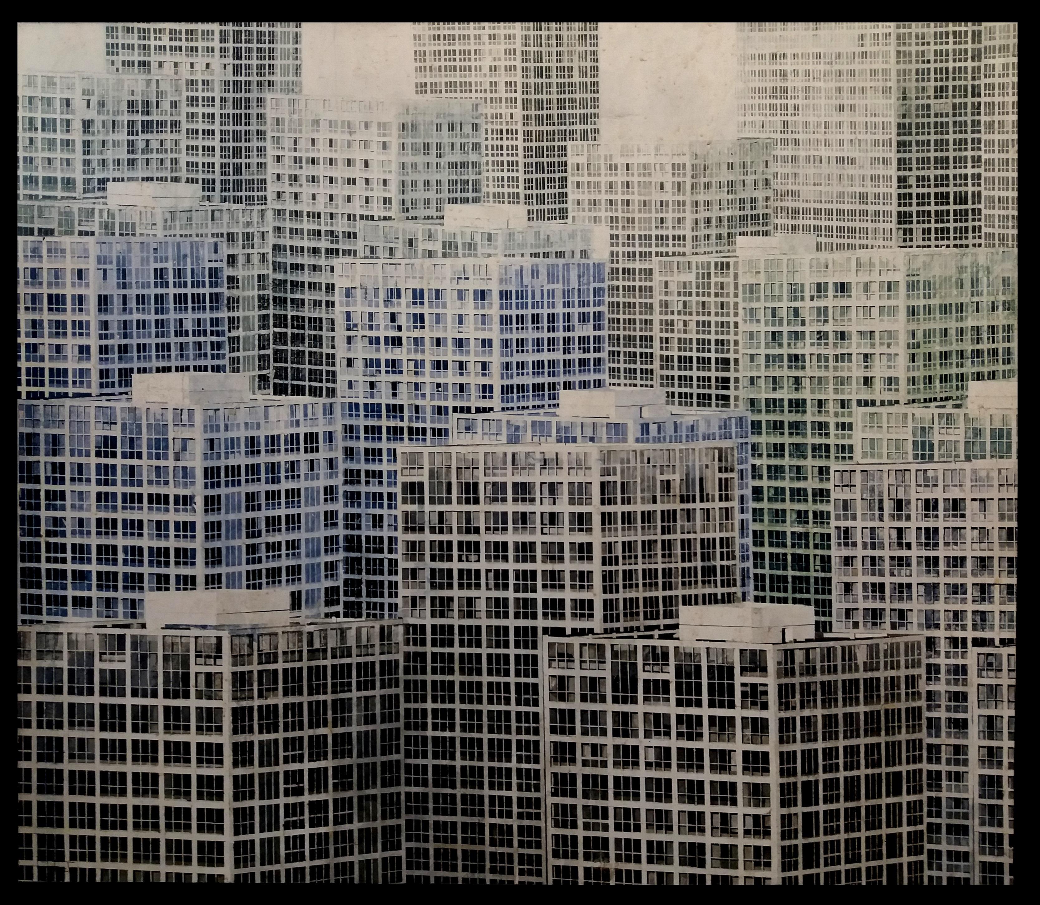 Luis Fernandez  City  Buildings  acrylic and watercolor glued on canvas. For Sale 1