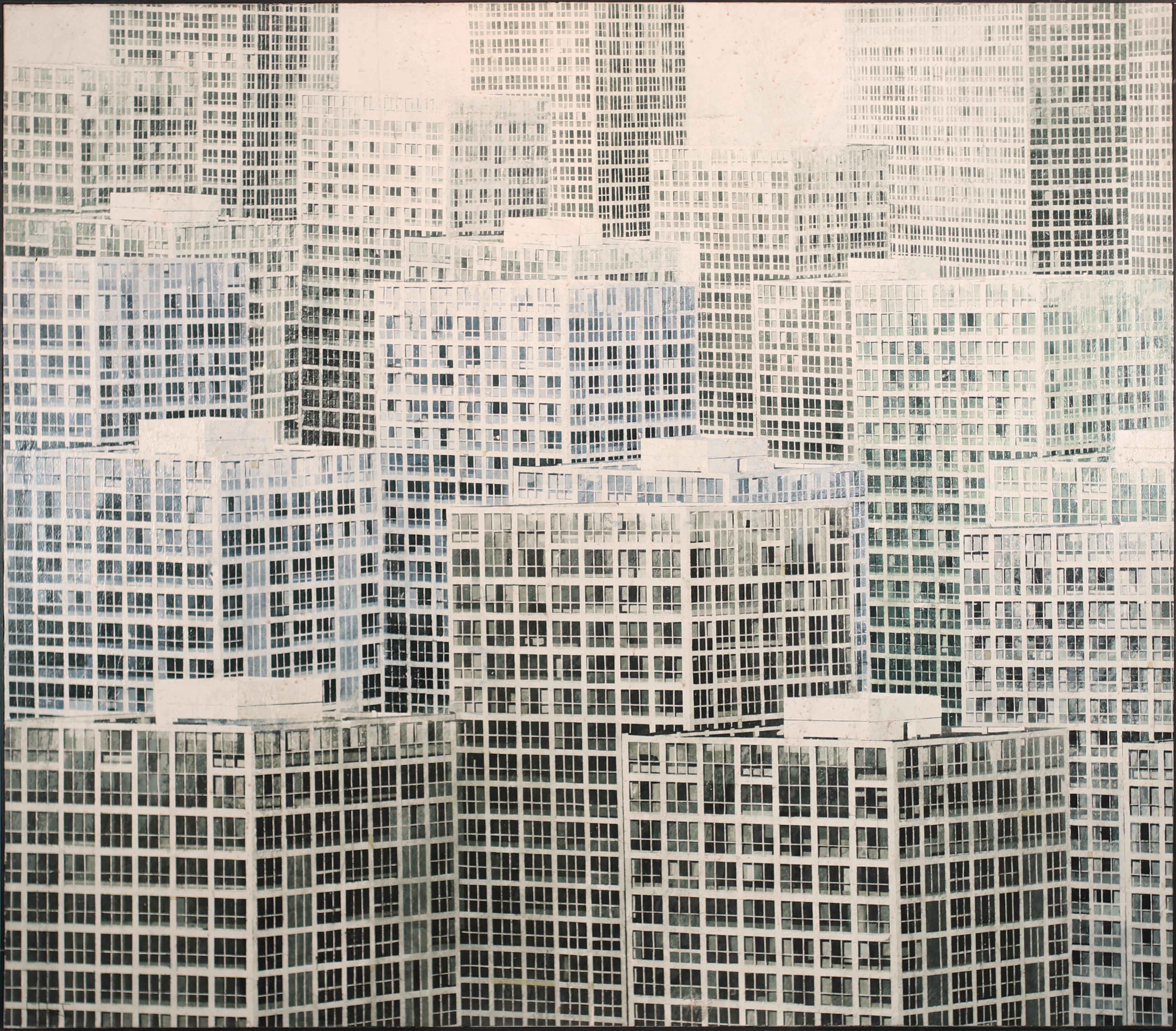 Landscape Painting de Luis J. Fernandez - Luis Fernández  Ciudad  Edificios  acrílico y acuarela pegados sobre lienzo.