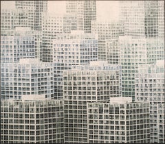 Luis Fernandez City Buildings acrylic and watercolor glued on canvas.