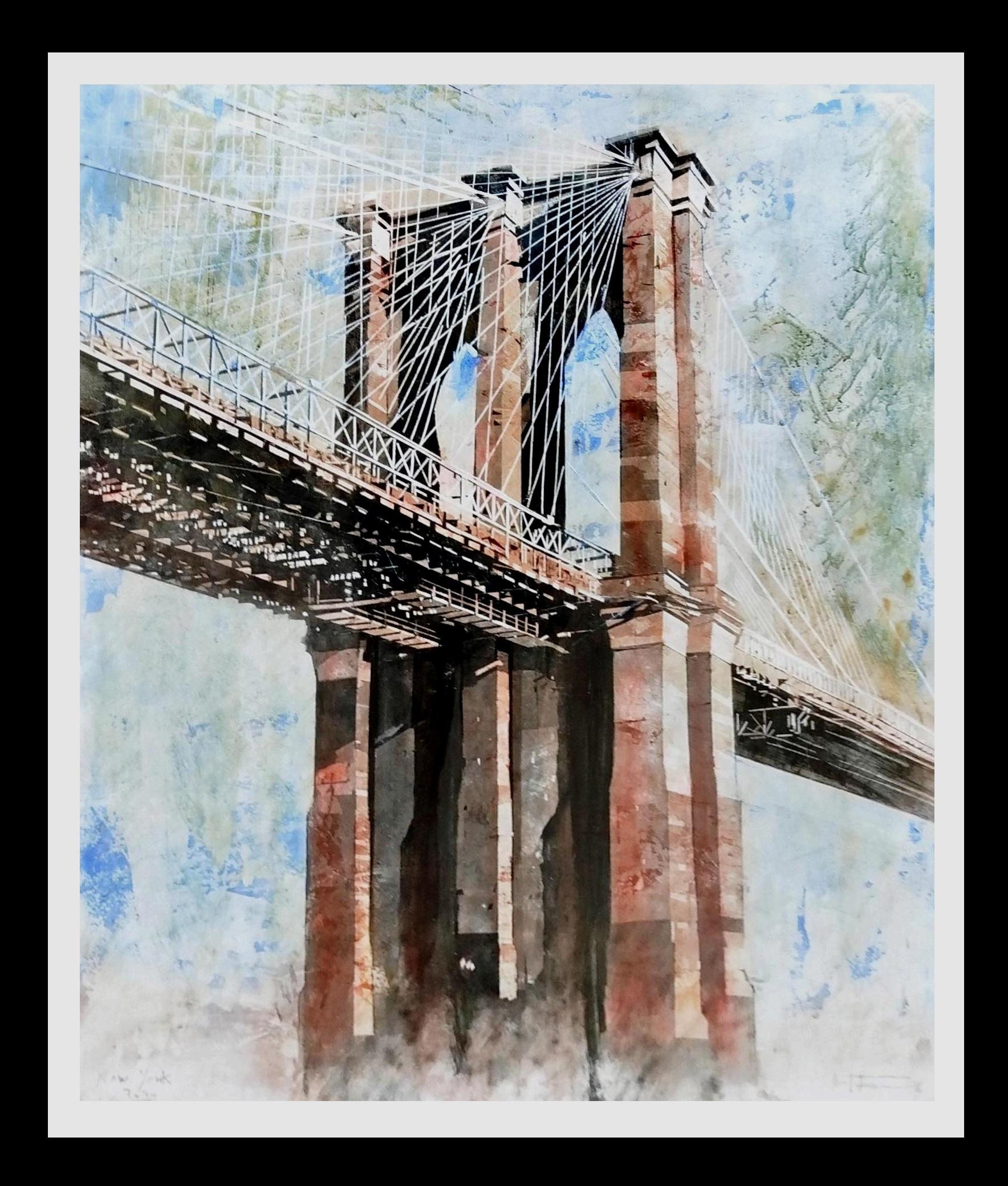 Luis Fernandez New York  acrilico e acquerello incollati su tela. - Painting di Luis J. Fernandez