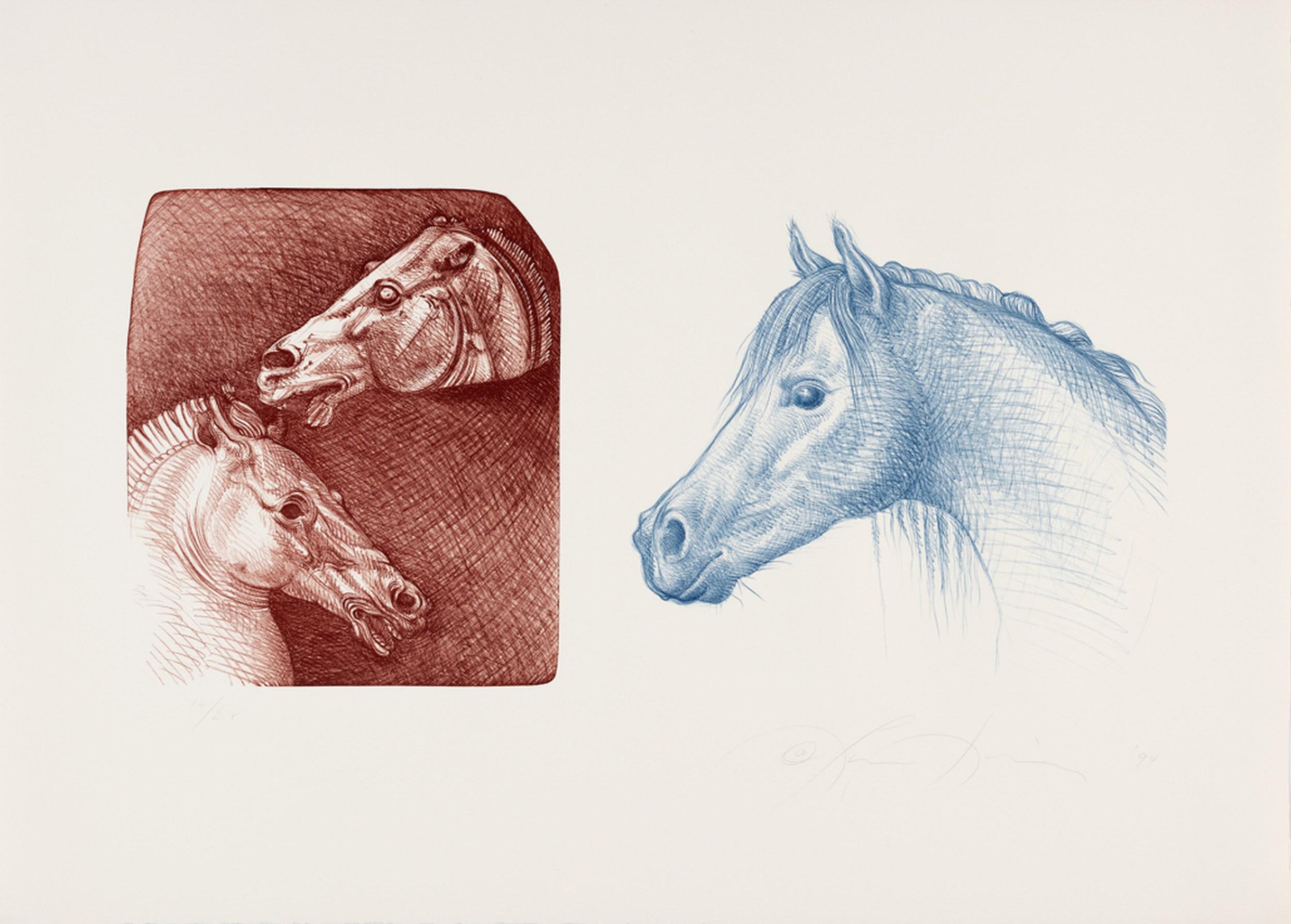 Luis Jiménez Animal Print - Study of Two Classical Greek Horse Heads and a Modern Horse