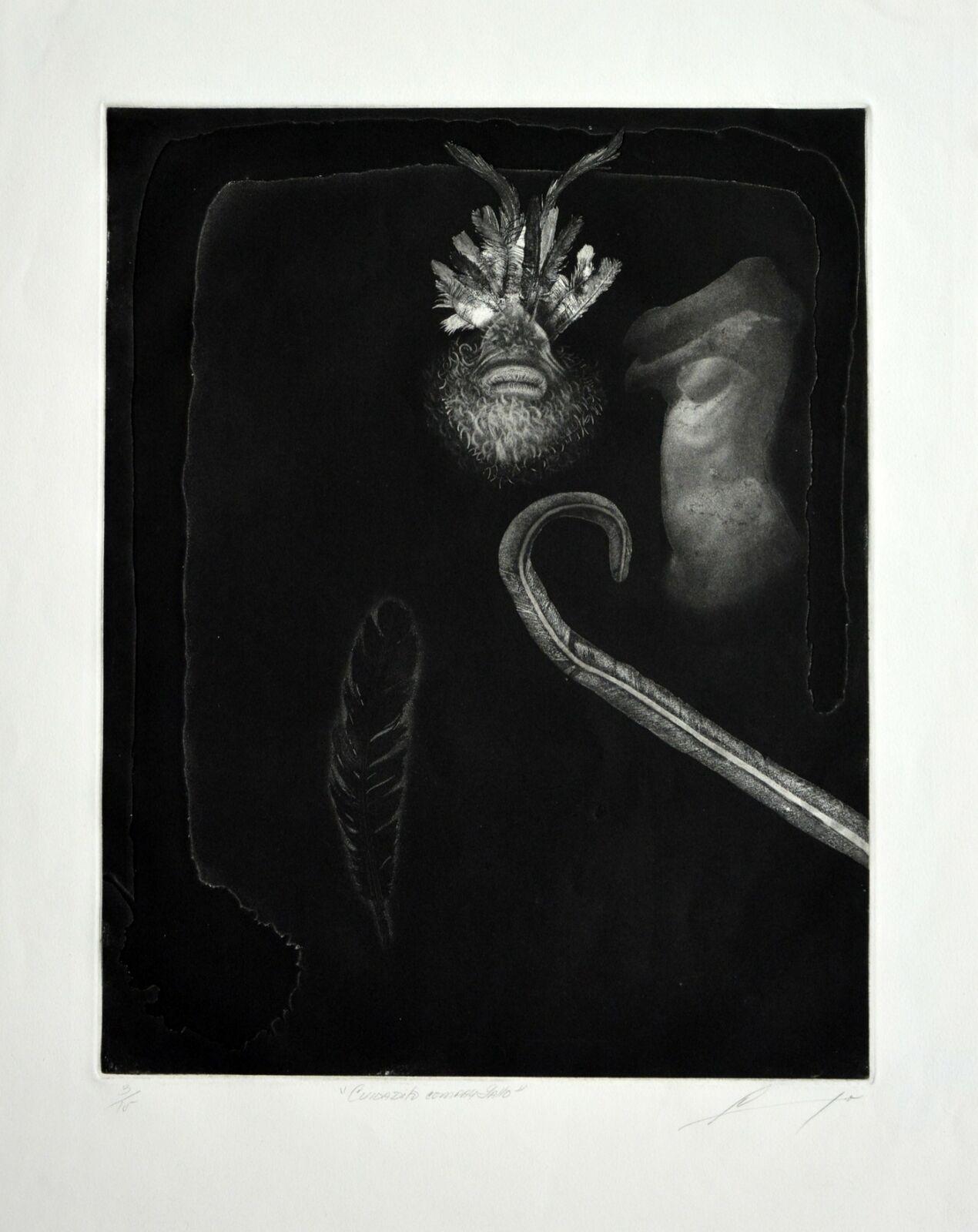 Luis Lara Figurative Print – Luis LARA, ¨Cuidadito compay gallo¨, 2000, Schabkunst, 25,2x20,1 in