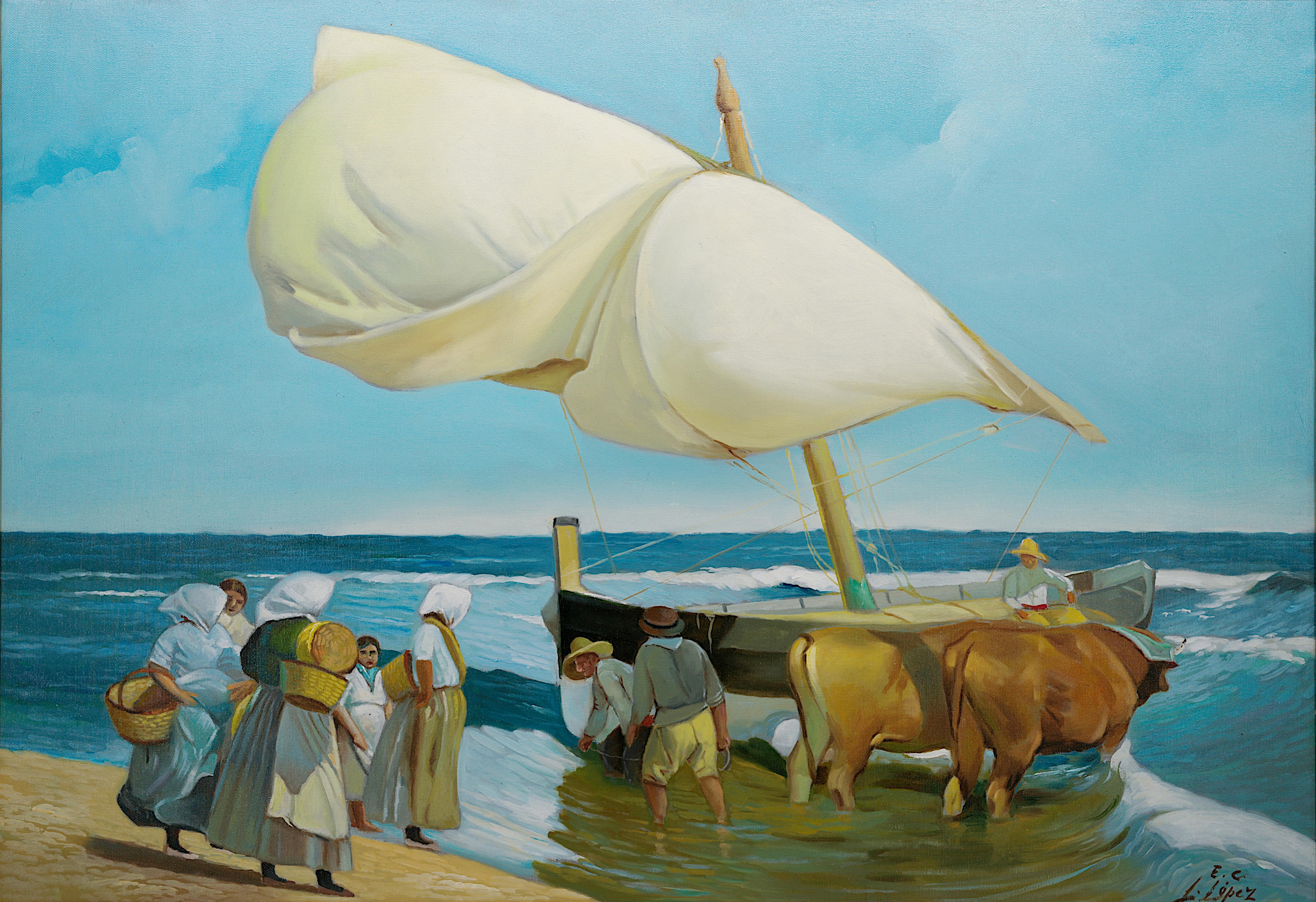 Luis Lopez, huile sur toile « pêcheurs près de Valence » 1