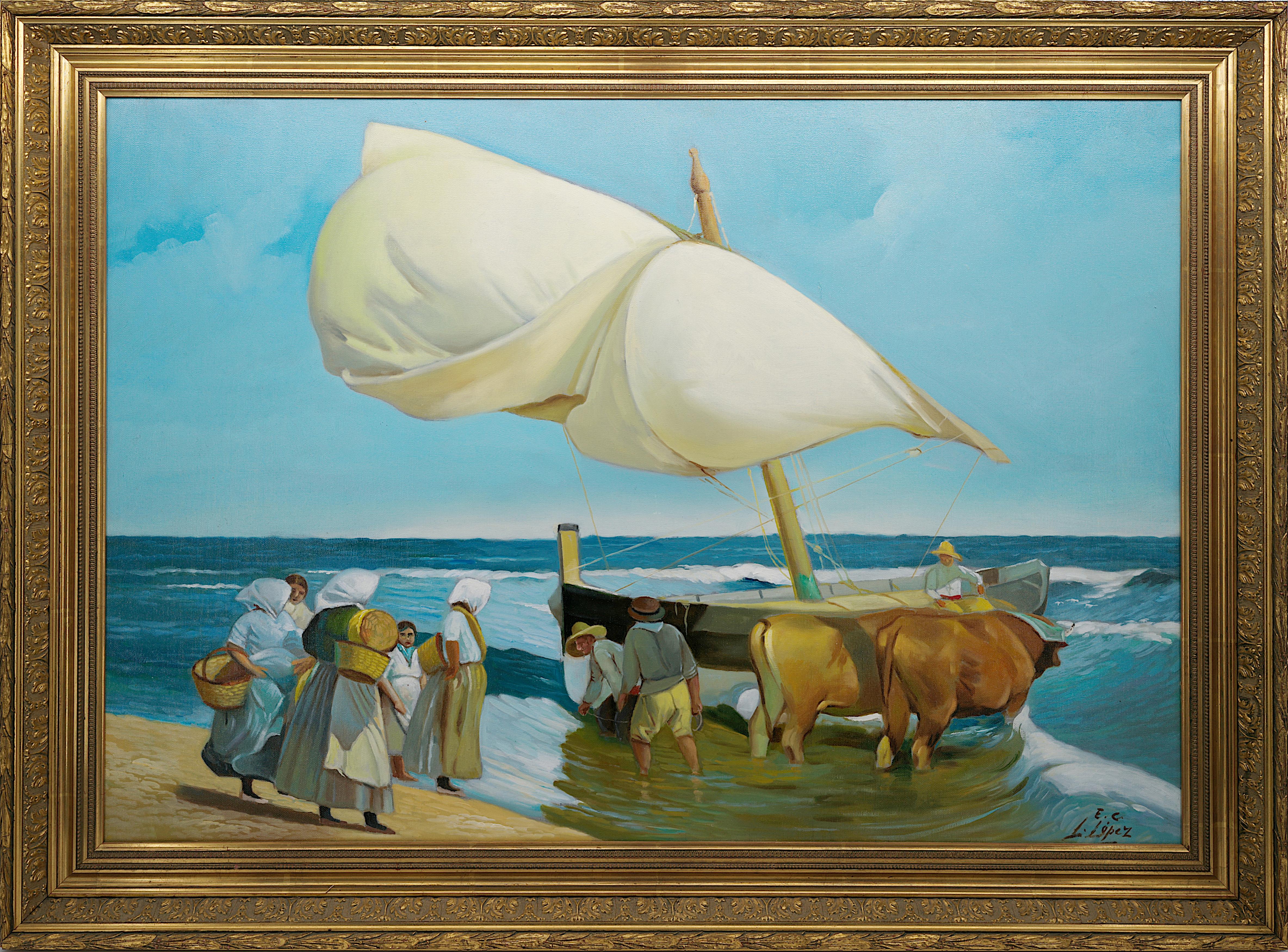 Luis Lopez, huile sur toile « pêcheurs près de Valence »