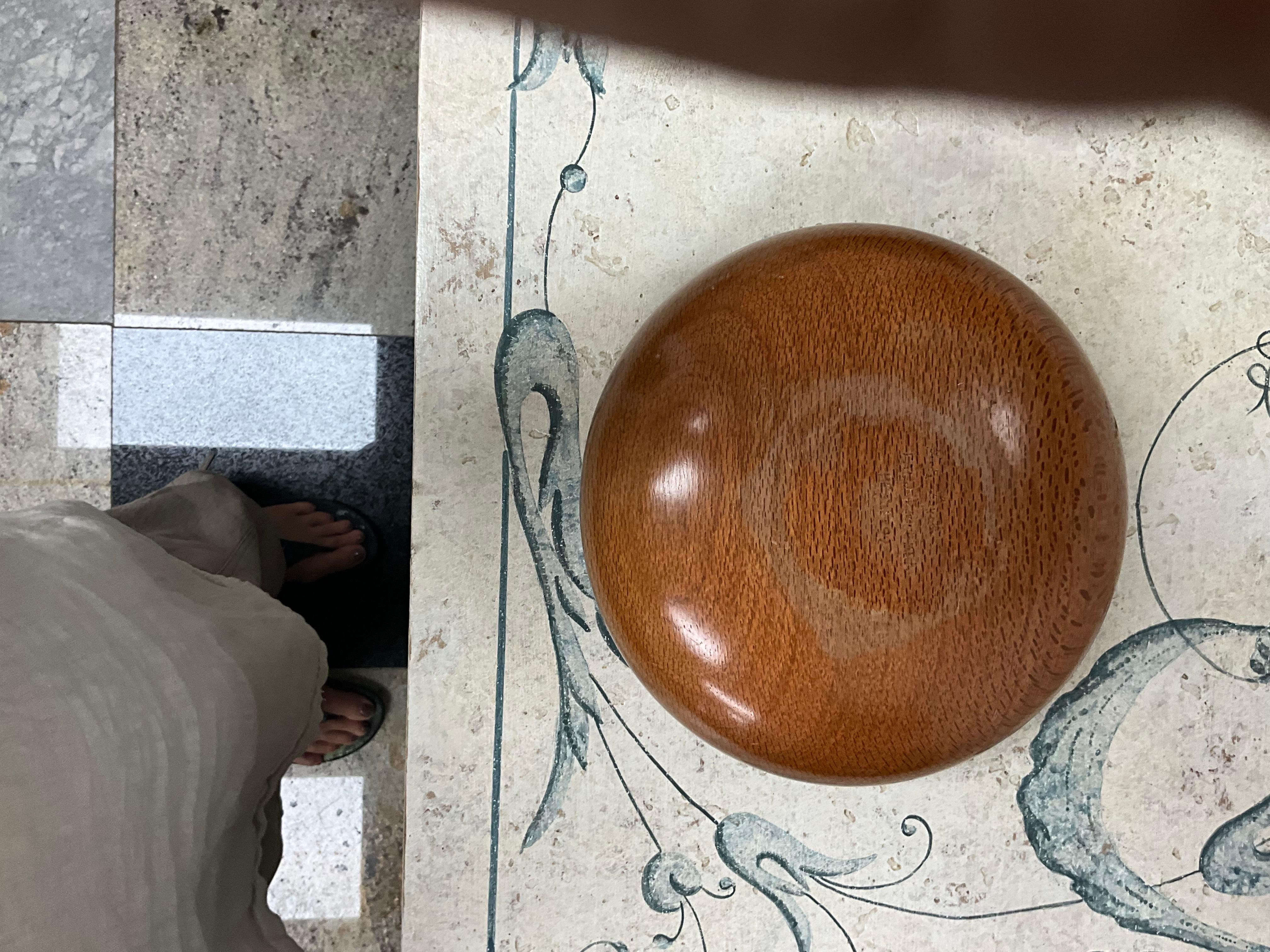 Stylized hand turned studio wood bowl by Peruvian expert wood turner Luis Loyola.  Signed on the underside. Luis Loyola began wood-turning about 20 years or so ago, when working with his father,a cabinet maker, in Lima,Peru. Luis learned the basics
