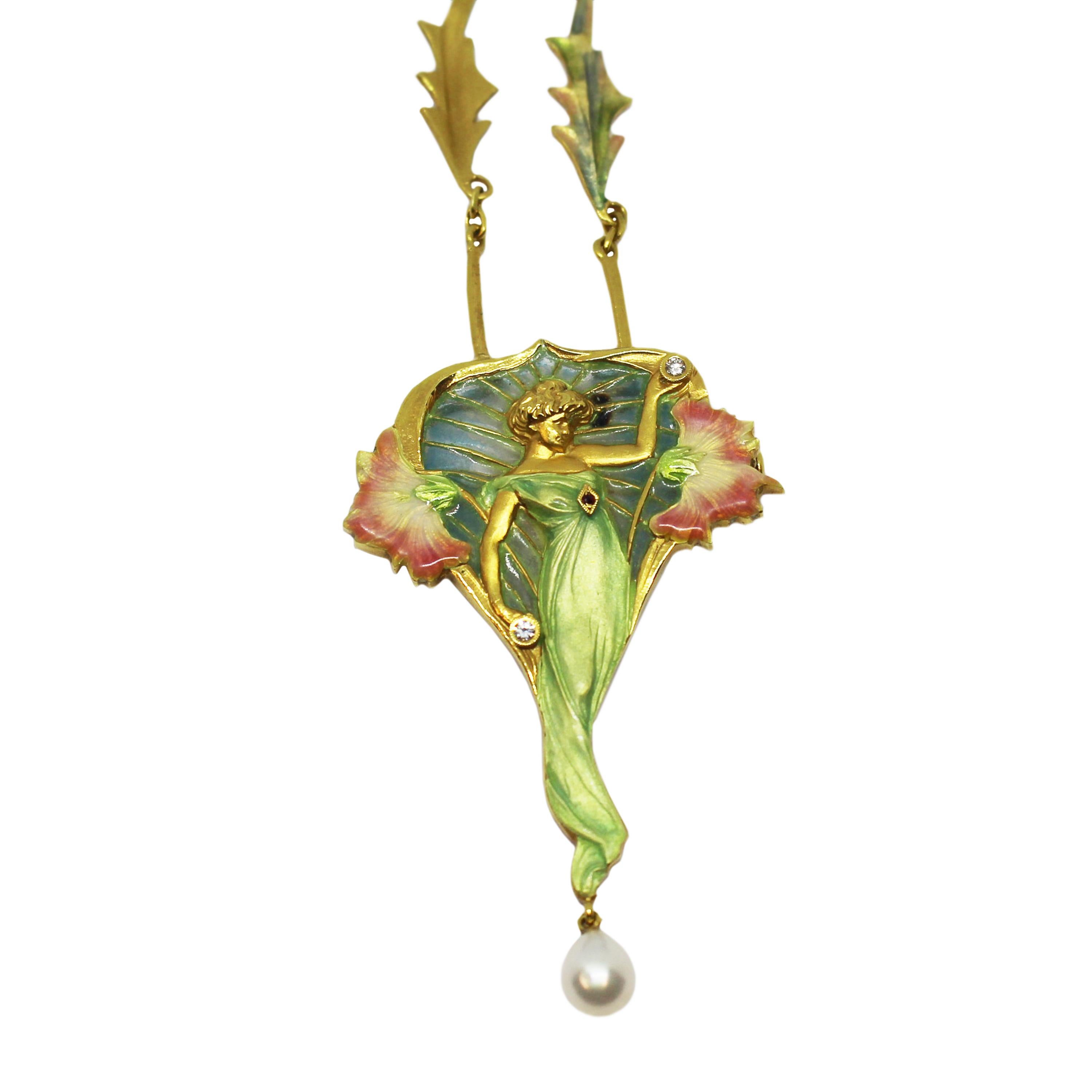 Circa 2000 Luis Masriera Spain Art Nouveau Figural pin Pendant. 18K Yellow Gold and having amazing Guilloche and Plique Enamel and further set with a Diamond, Rubies and a 7 MM pearl at the bottom. The pendant portion is detachable to be worn