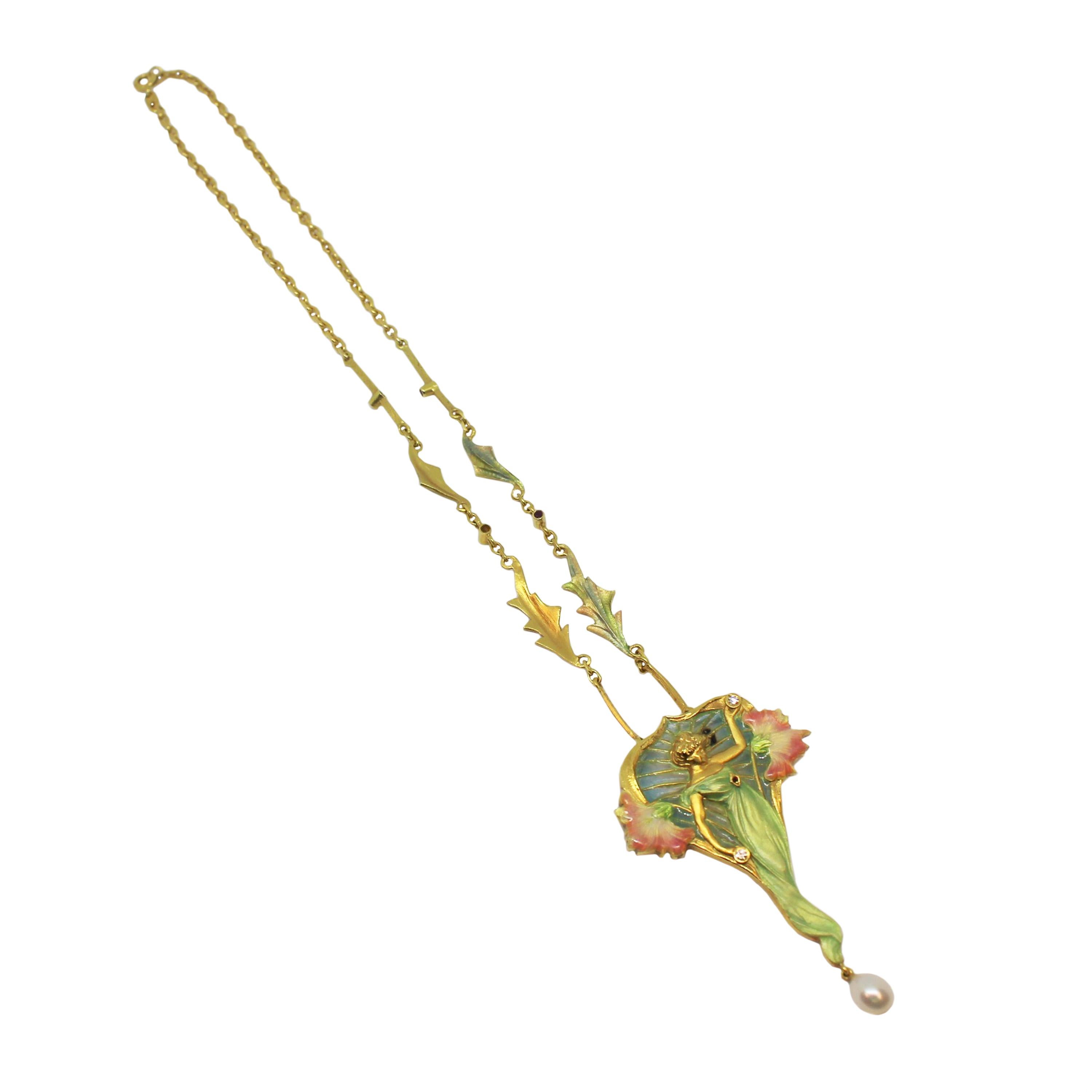 Luis Masriera Art Nouveau Gold and Enamel Necklace Brooch