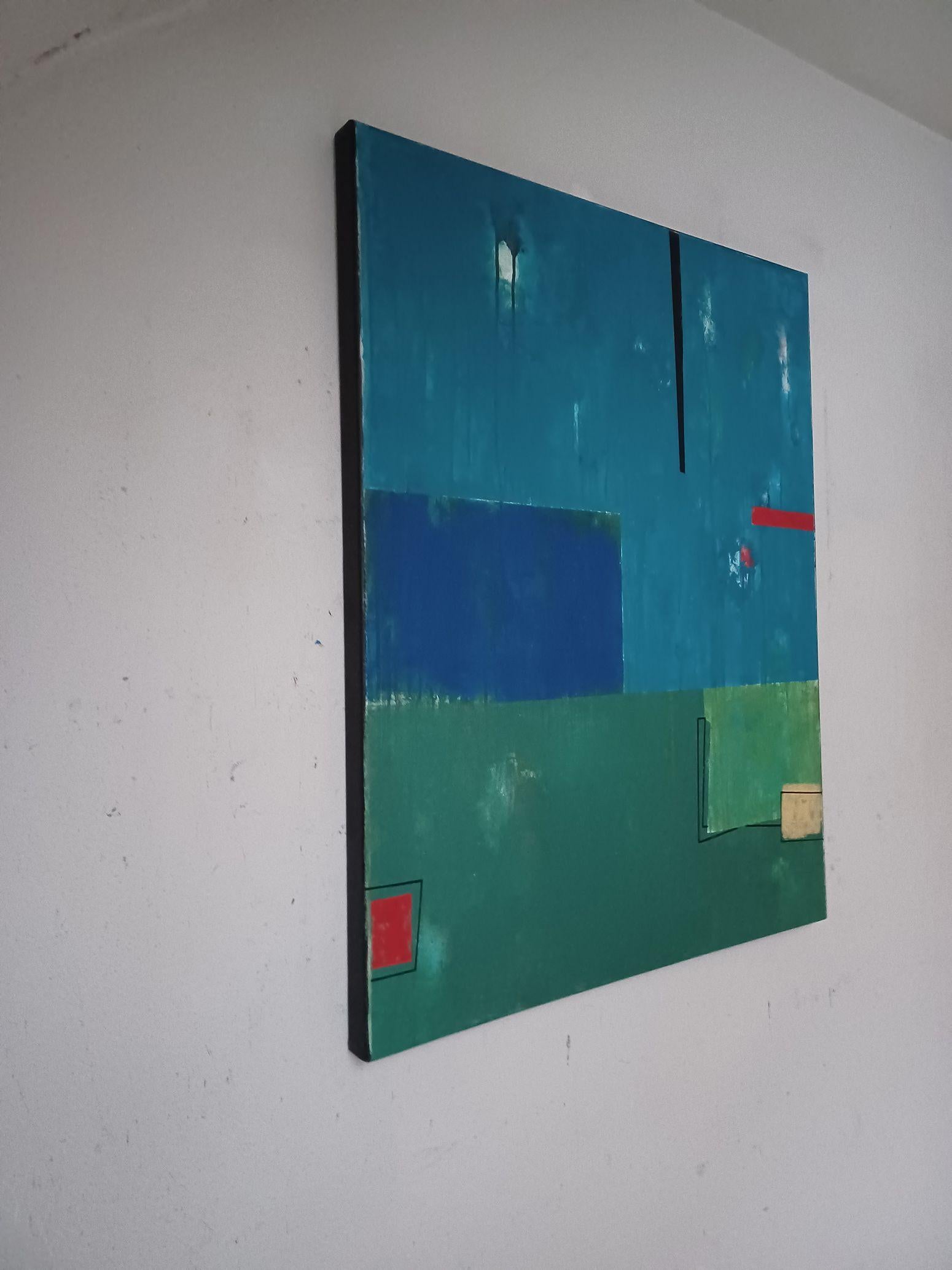 Green and blue composition, Painting, Acrylic on Canvas - Blue Abstract Painting by Luis  Medina