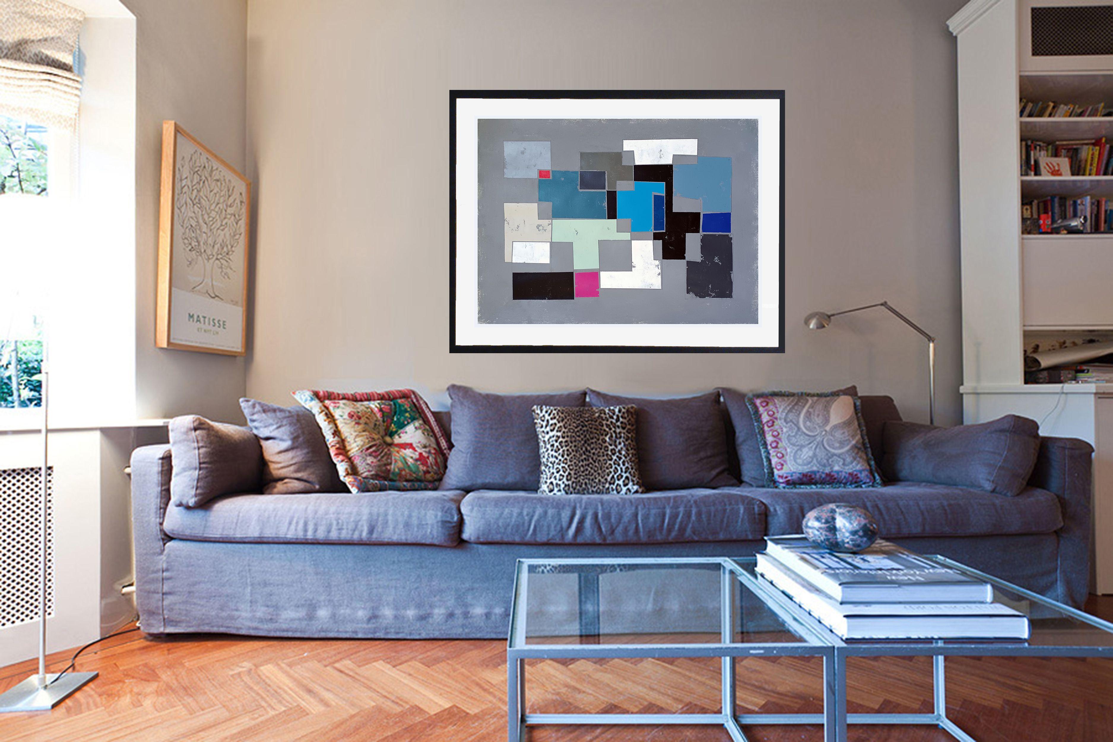 Komposition in Grau und Blau, Gemälde, Acryl auf Papier – Painting von Luis  Medina