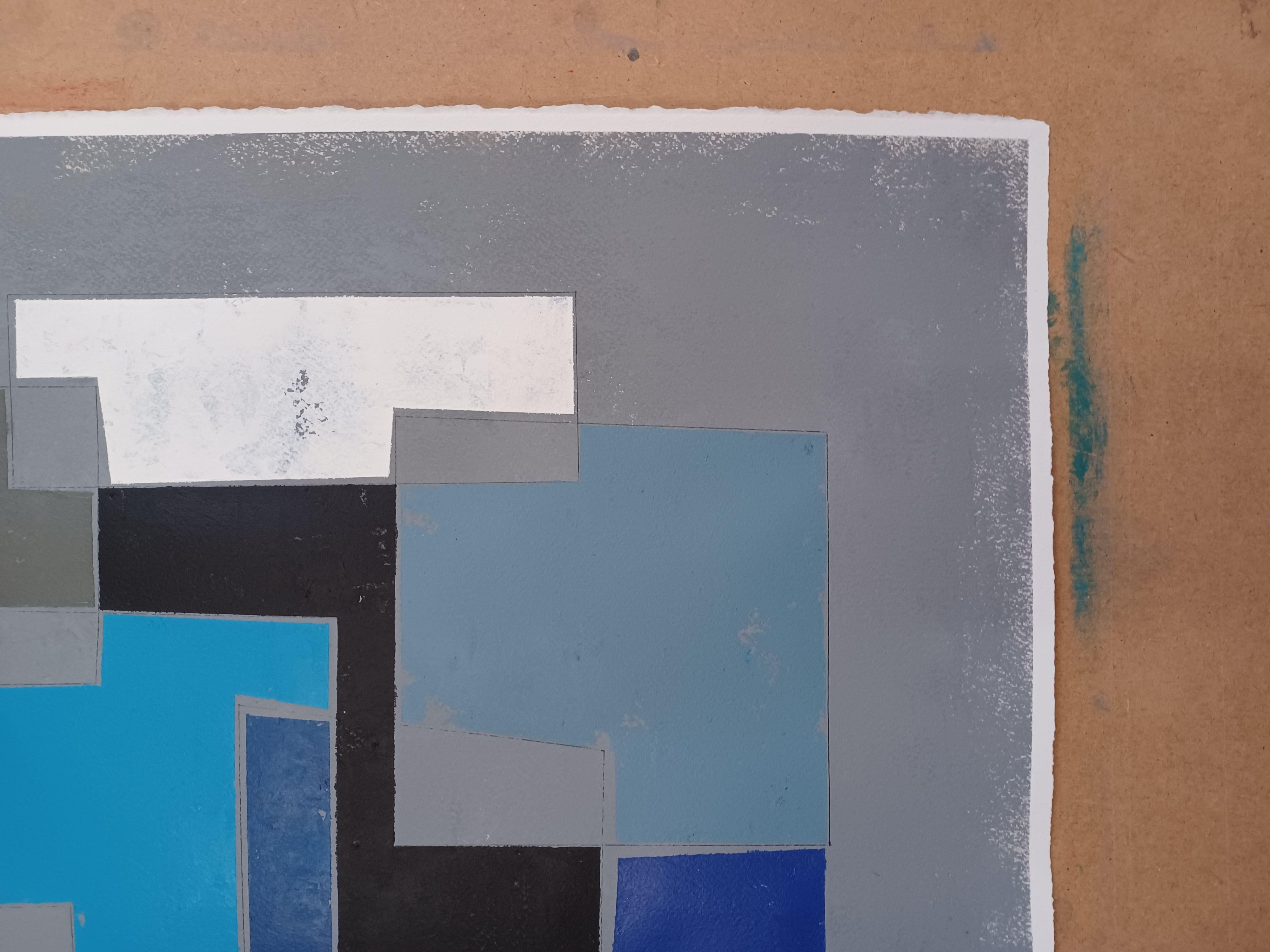 Originalkunstwerk, Acryl auf Papier. Ungerahmt    Geometrie mit minimaler Form in Acryl auf Papier.     :: Gemälde :: Abstrakt :: Dieses Werk wird mit einem offiziellen, vom Künstler unterzeichneten Echtheitszertifikat geliefert :: Bereit zum