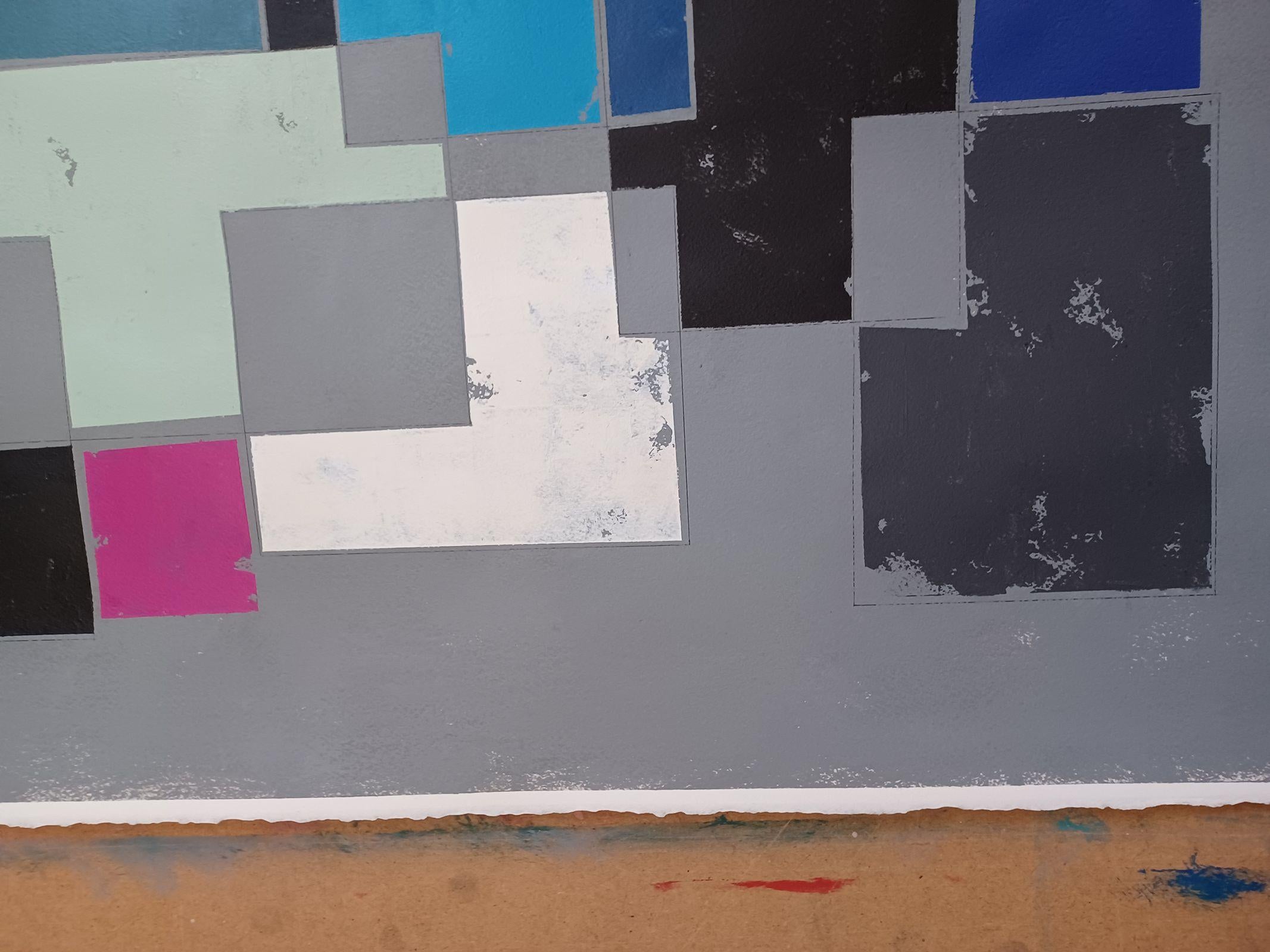 Komposition in Grau und Blau, Gemälde, Acryl auf Papier im Angebot 1