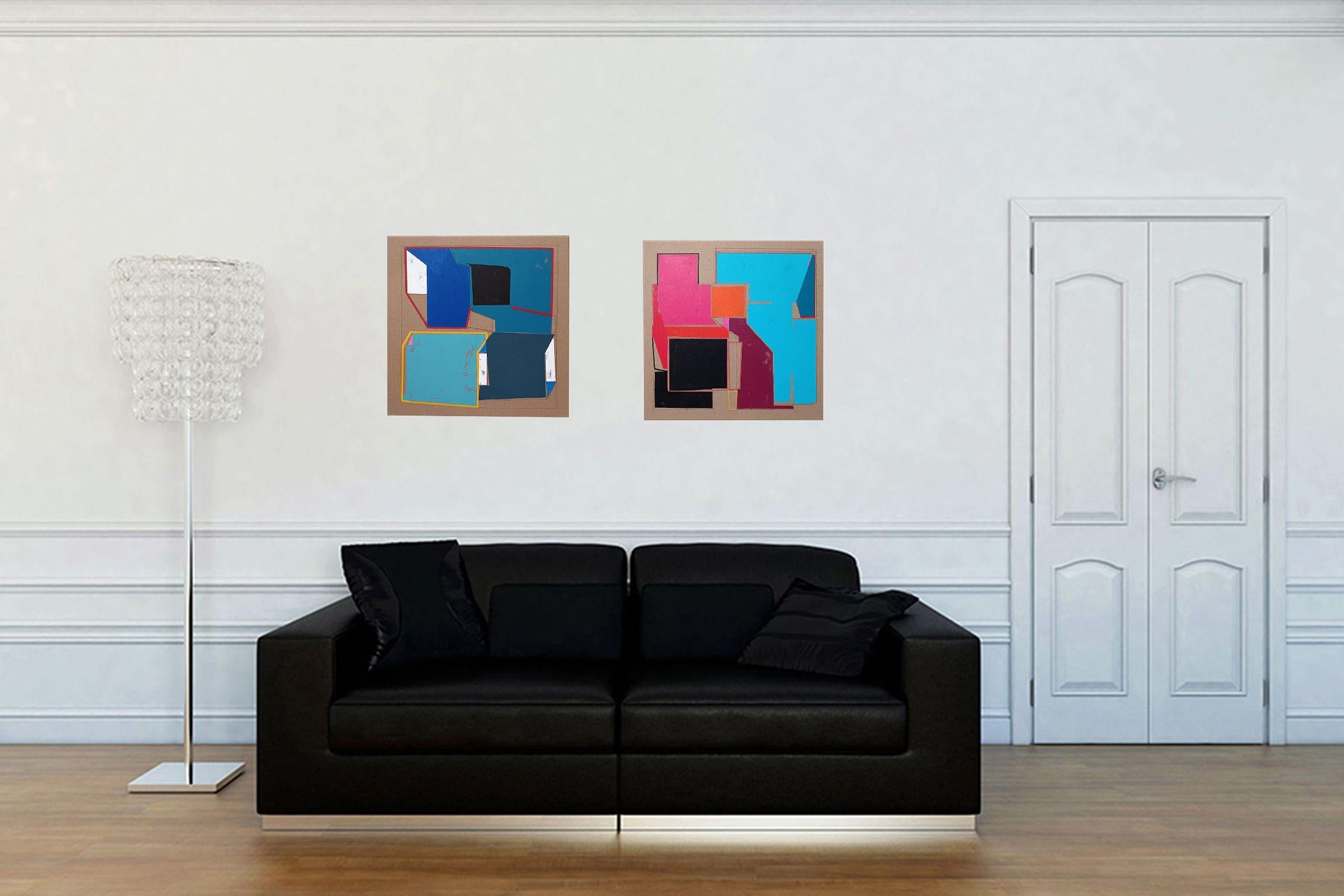 Komposition als Ergebnis der Kombination von Minimalformen und geometrischen Formen Aufhängefertig. Keine Rahmung erforderlich.    Meine Arbeit ist eine Erforschung von Formen und Farben, die sich der Perspektive entziehen. Ich verwende Acryl, um