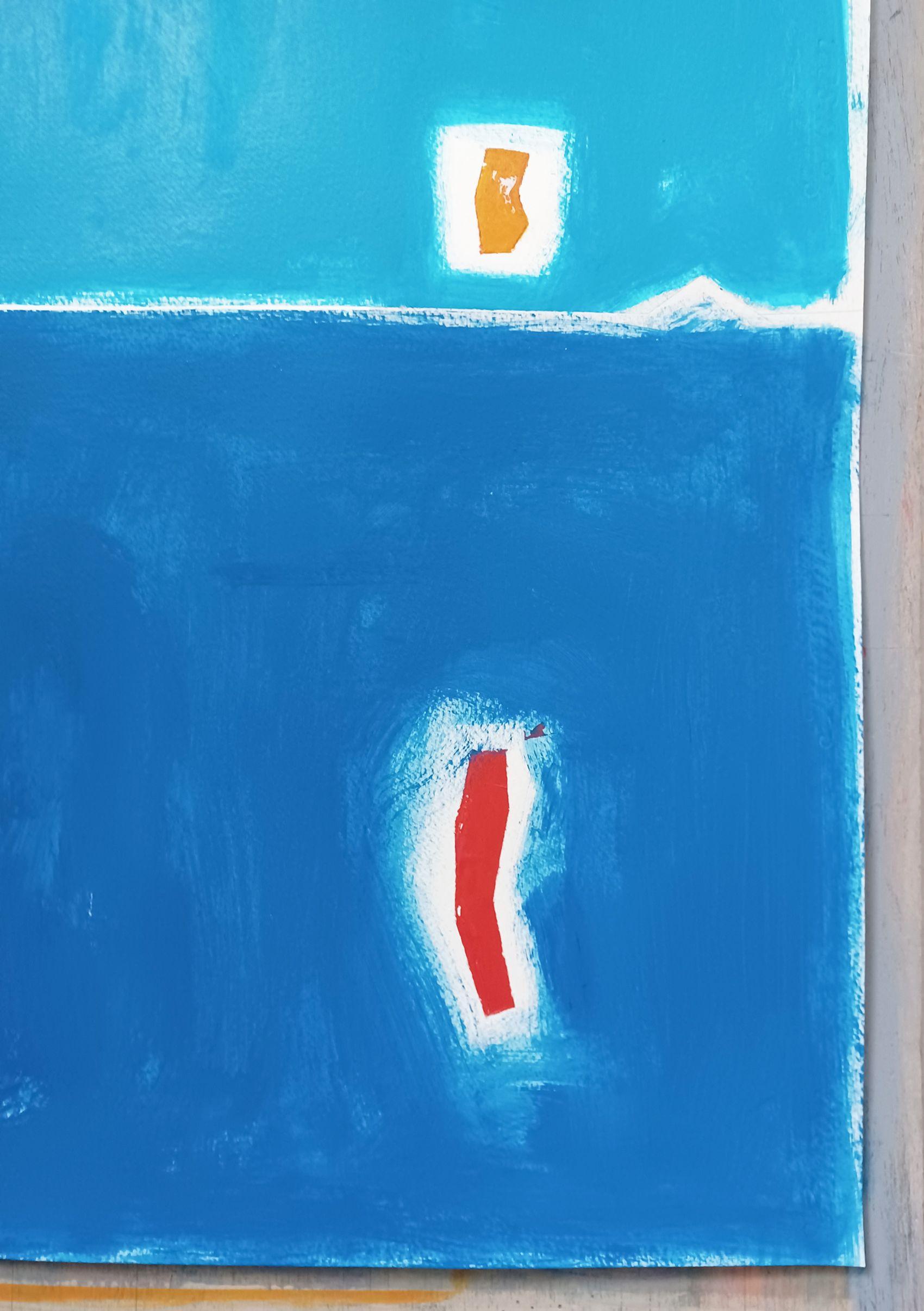 Acrilico su carta 50x50 cm. Senza cornice.    In questo pezzo ho esplorato le profondità viscerali degli spazi emotivi e fisici attraverso una miscela di astrazione e minimalismo. Qui i blu profondi simboleggiano la duplice natura della serenità e